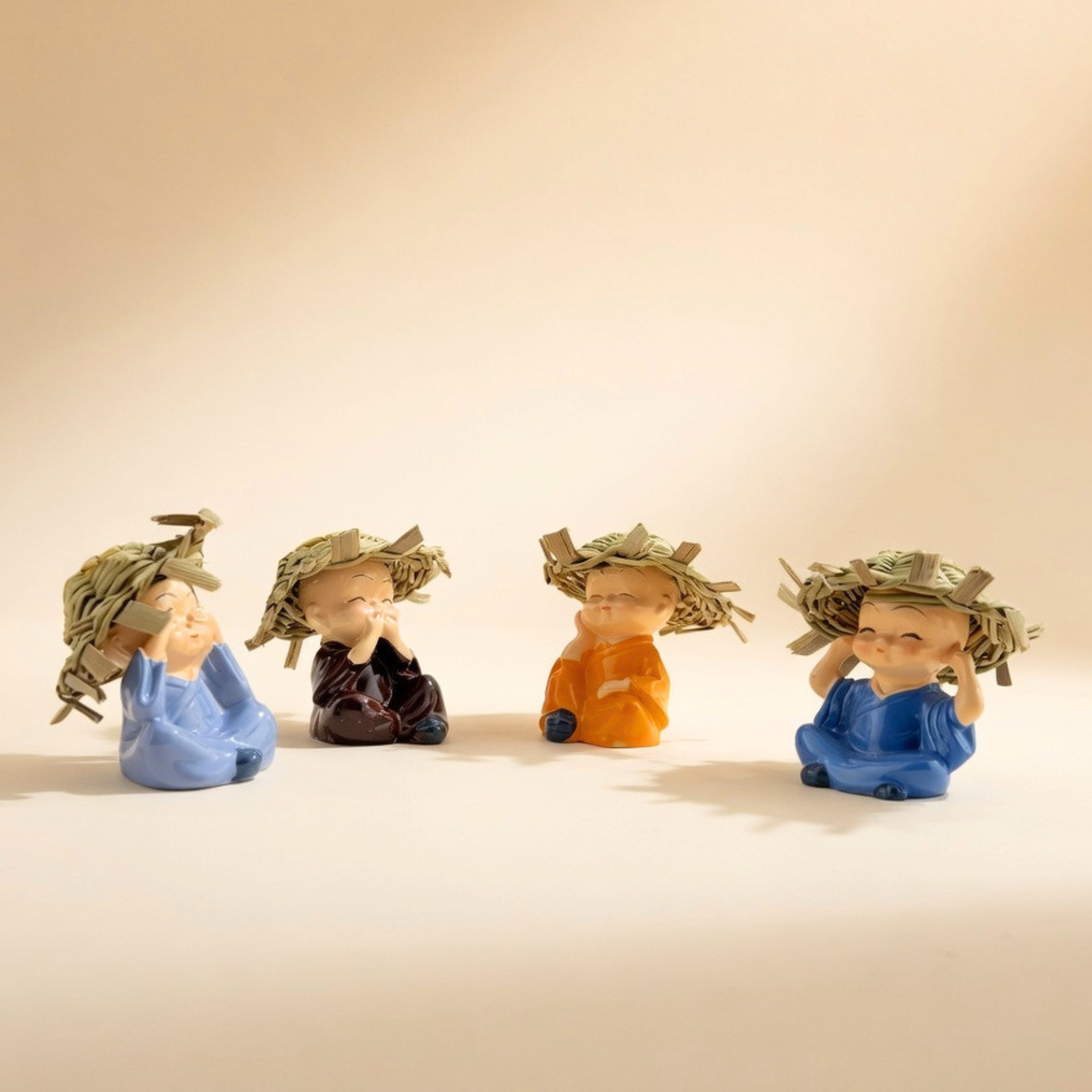 Handcrafted Mindful Monk Mini Statue Set – 4 Cute Zen Figurines for Home Decor &amp; Gifting | Gulabi Craft