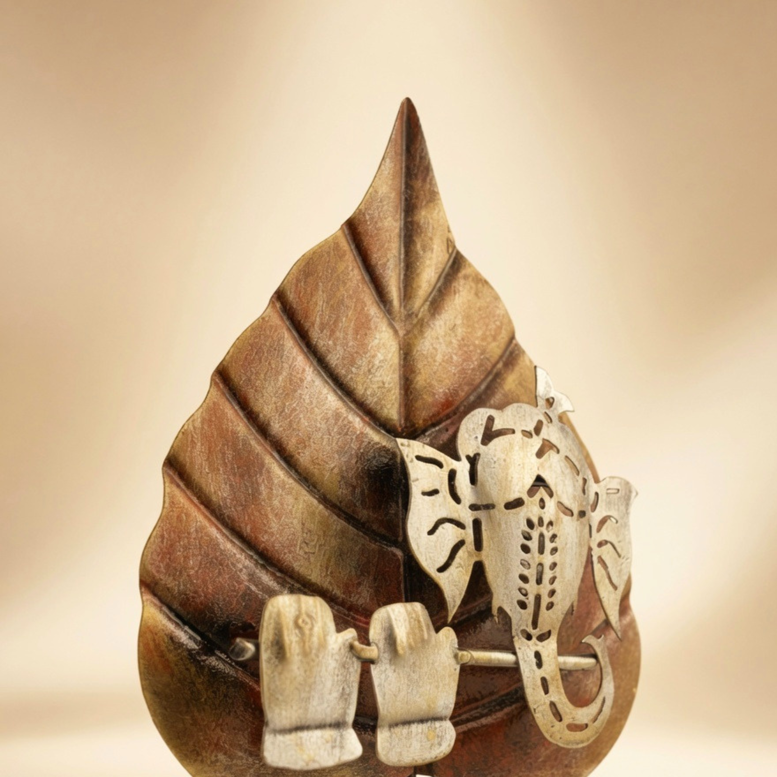 Handcrafted Ganesh Leaf Tealight Holder Brown | Spiritual Home Decor & Gift | Gulabi Craft