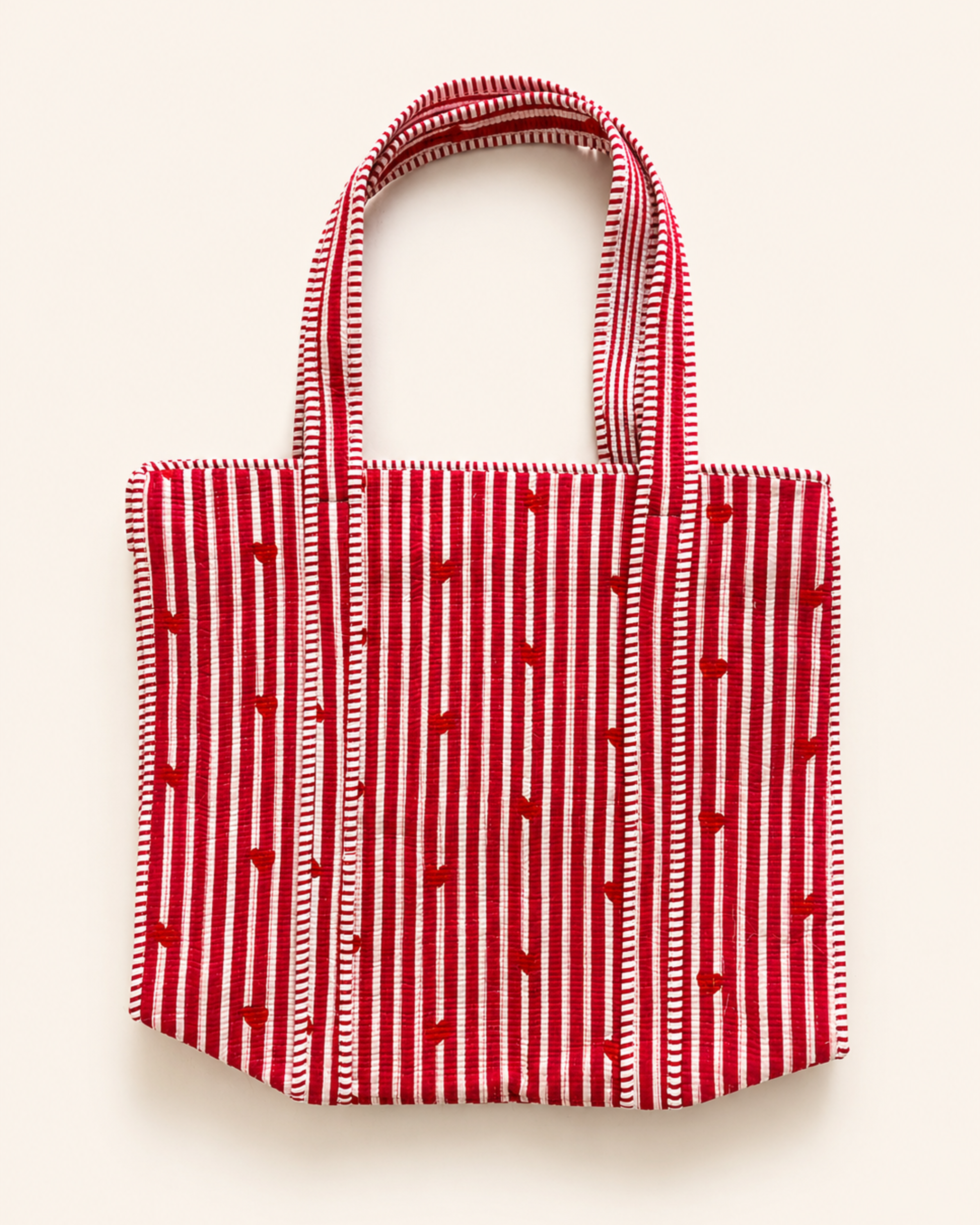 Red Stripe Red Heart Quilted Canvas Tote Bag | Handcrafted Cotton Shoulder Bag with Inner Pocket | Gulabi Craft
