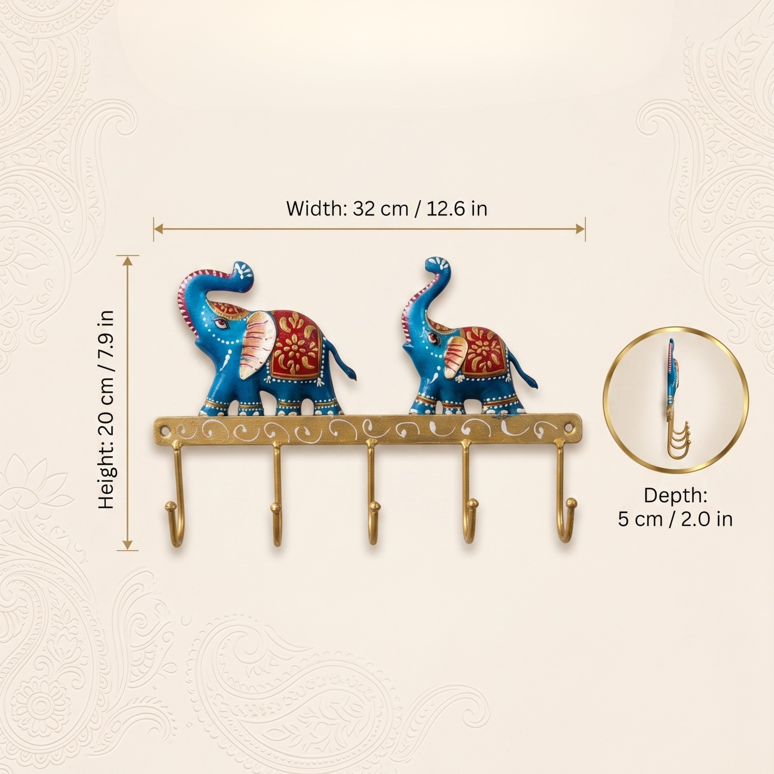 Gulabi Craft Handcrafted Blue Elephant Key Holder – Royal Metal Wall Hook for Entryway Decor & Premium Gifting