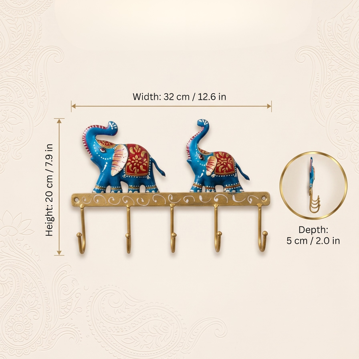 Gulabi Craft Handcrafted Blue Elephant Key Holder – Royal Metal Wall Hook for Entryway Decor & Premium Gifting