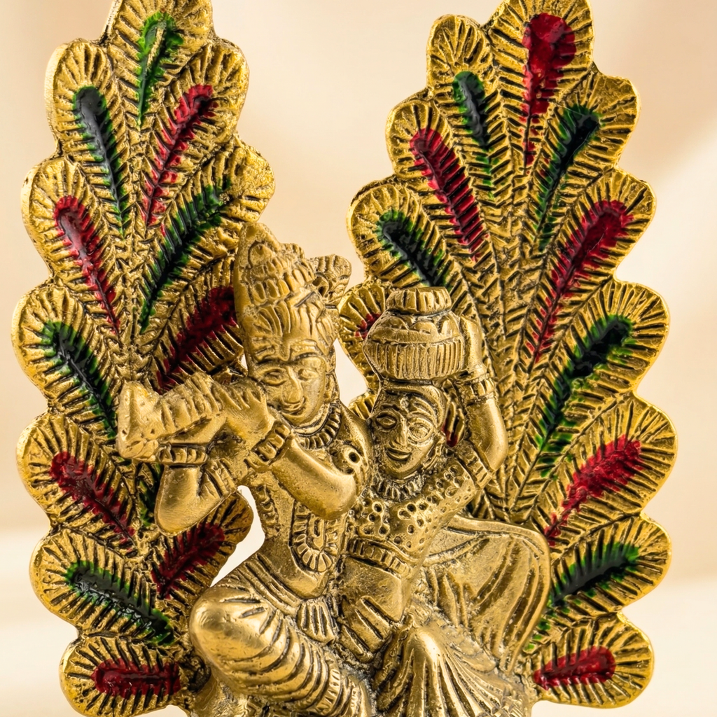 Gulabi Craft Handcrafted Mor Pankh Radha Krishna Idol with Diya – Antique Gold Metal Decor  Premium Gift Item