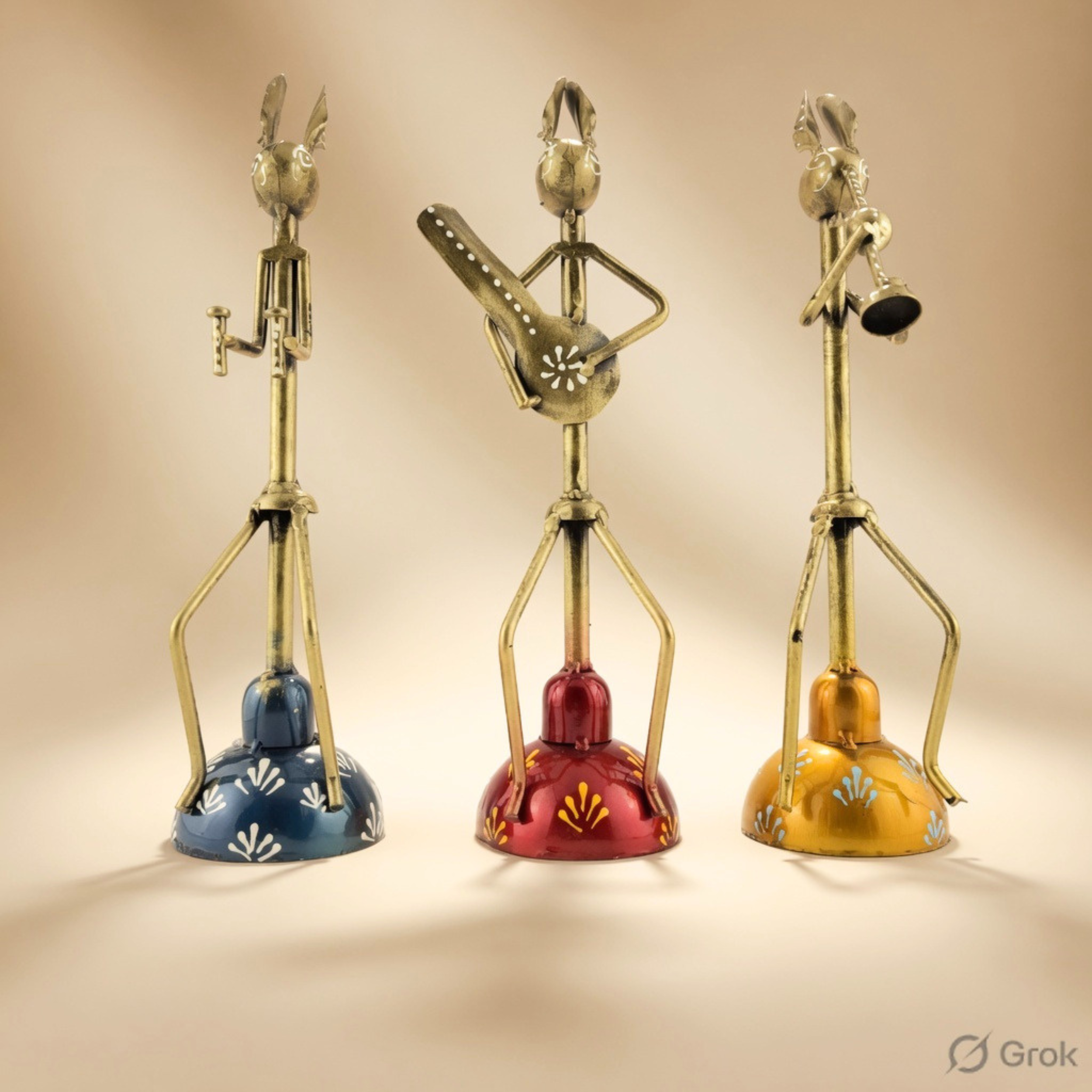 Handmade Metal Tribal Musician Figurines Set of 3 | Folk Art Home Decor
