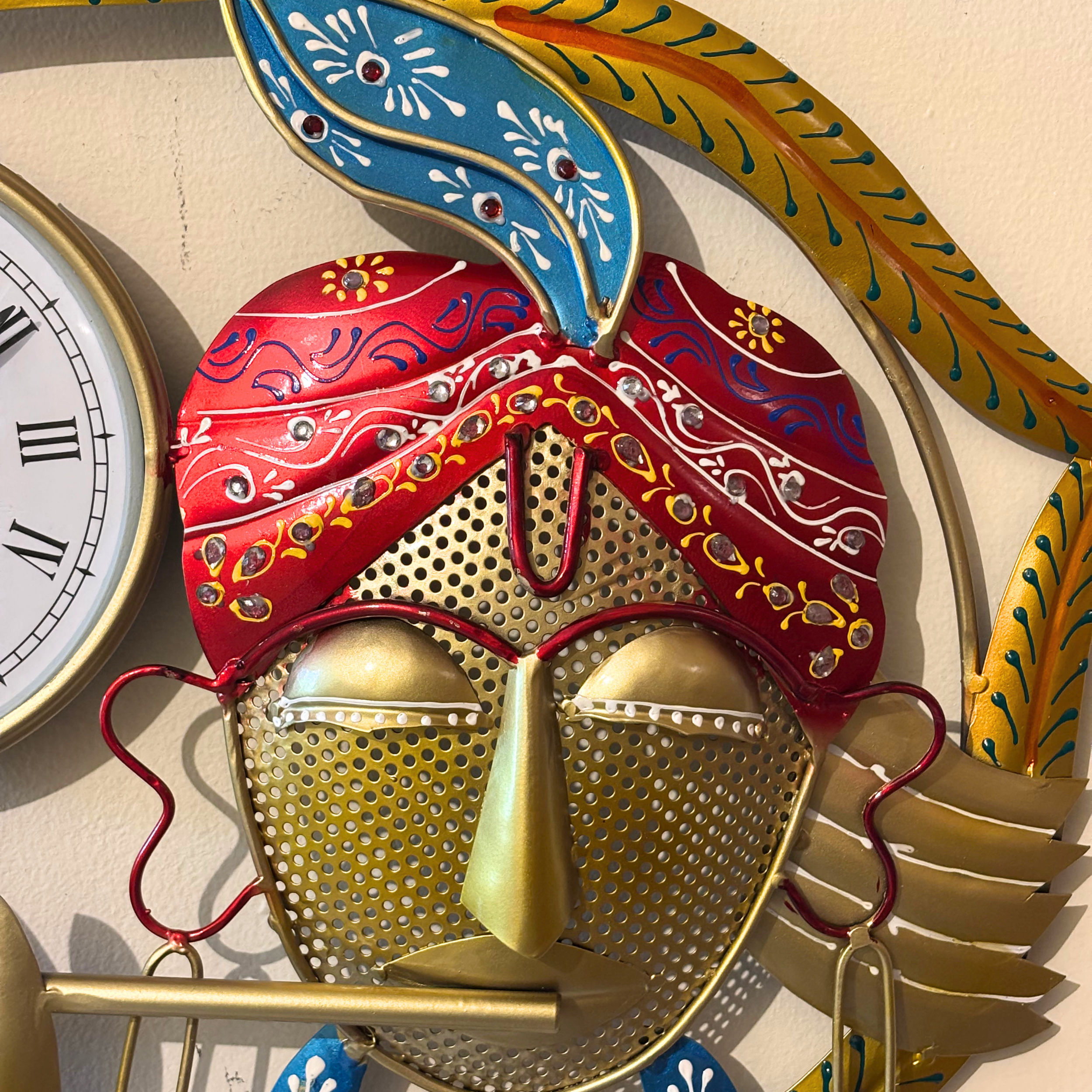 Handcrafted Colour Krishna Wall Clock – Metal Wall Art Decor for Living Room & Vastu Gifting | Gulabi Craft