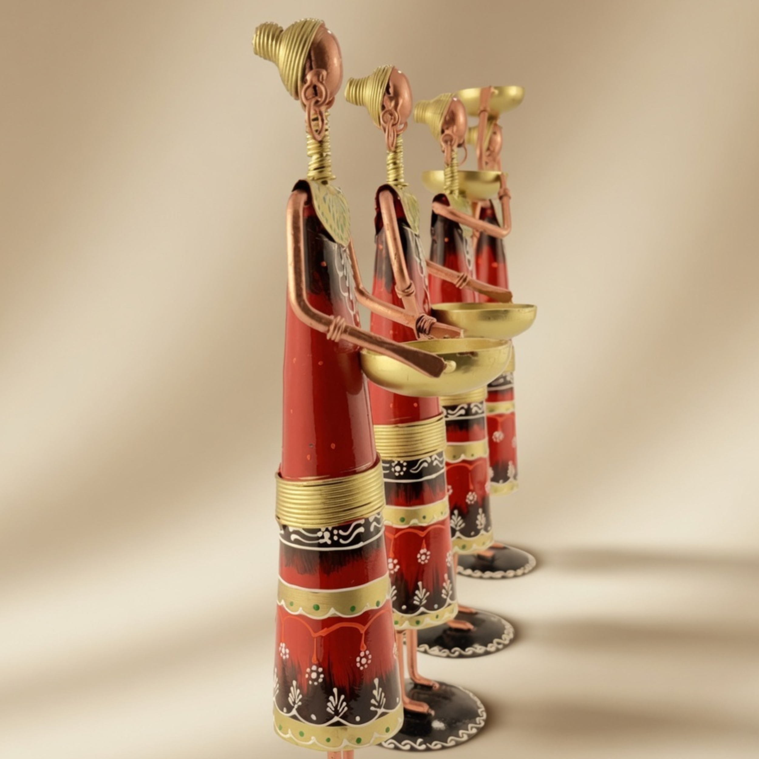 Handmade Tribal Lady Figurines Set – Metal Rajasthani Ethnic Home Decor (4 pcs)