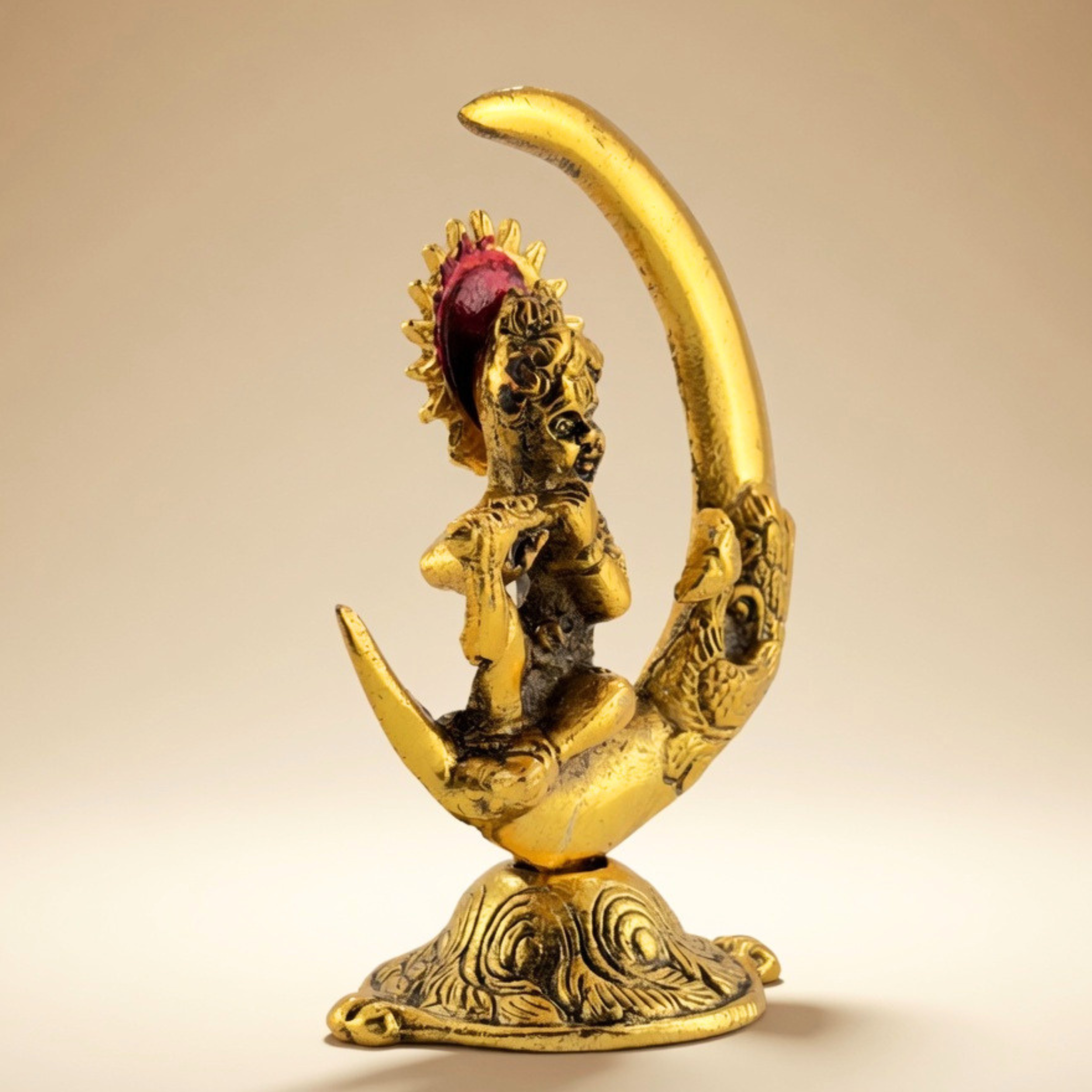 Handmade Metal Krishna Sitting on Moon with Peacock – Vintage Spiritual Home Decor | Gulabi Craft