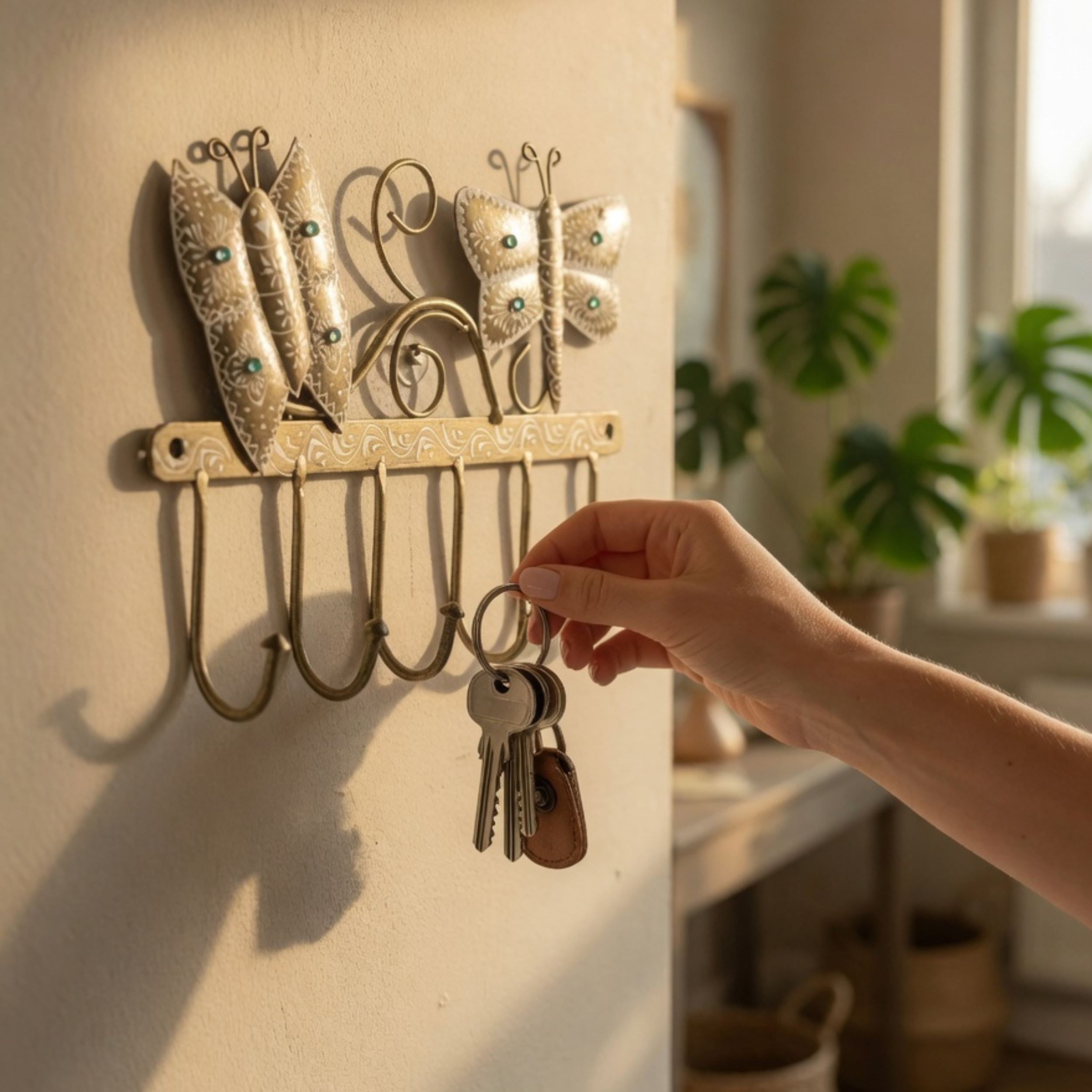 Gulabi Craft Handcrafted Butterfly Key Holder – Antique Gold Metal Wall Hook for Entryway Decor &amp; Gifting