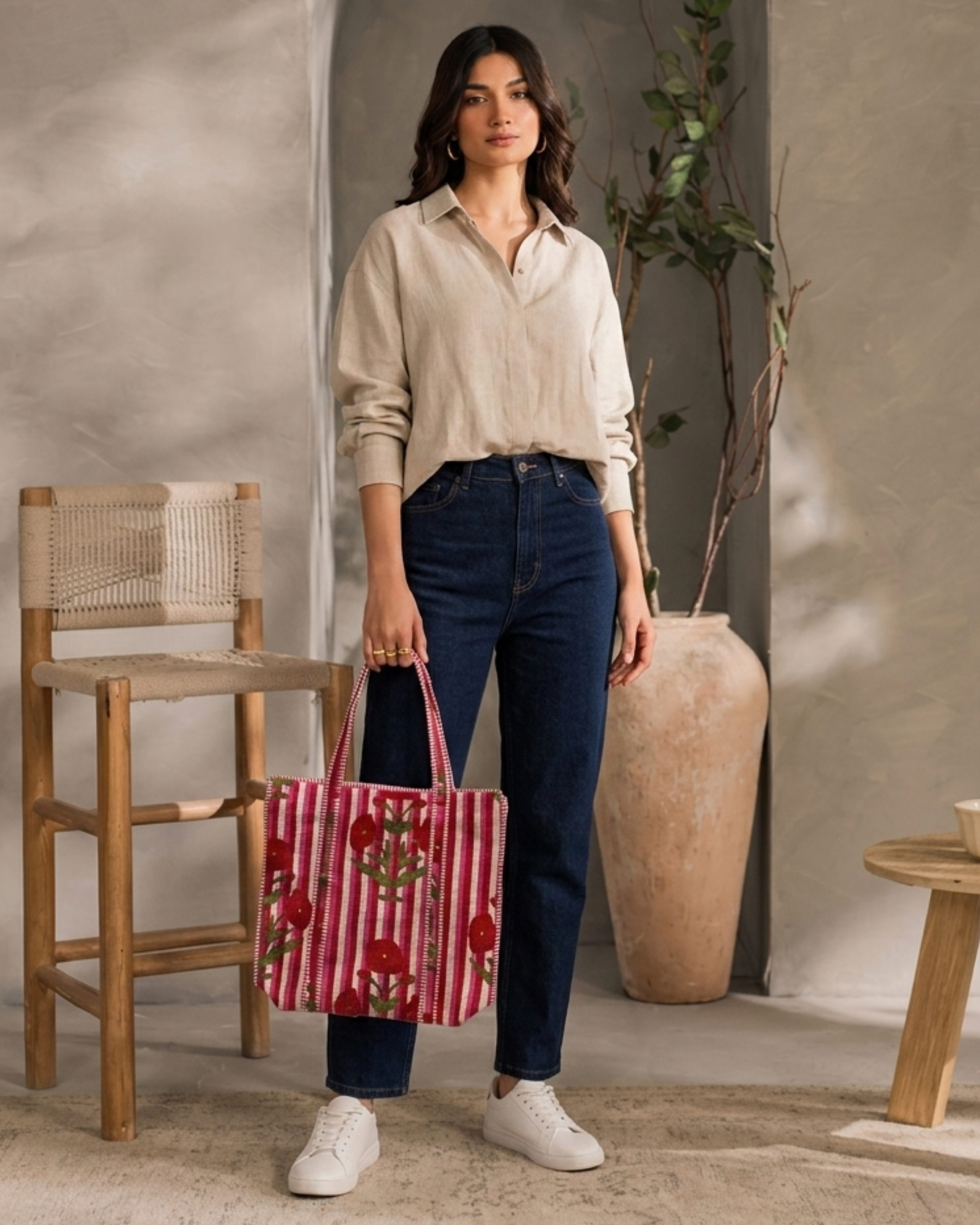 Pink Candy Stripe Red Poppy Quilted Canvas Tote Bag | Handcrafted Cotton Shoulder Bag with Inner Pocket | Gulabi Craft