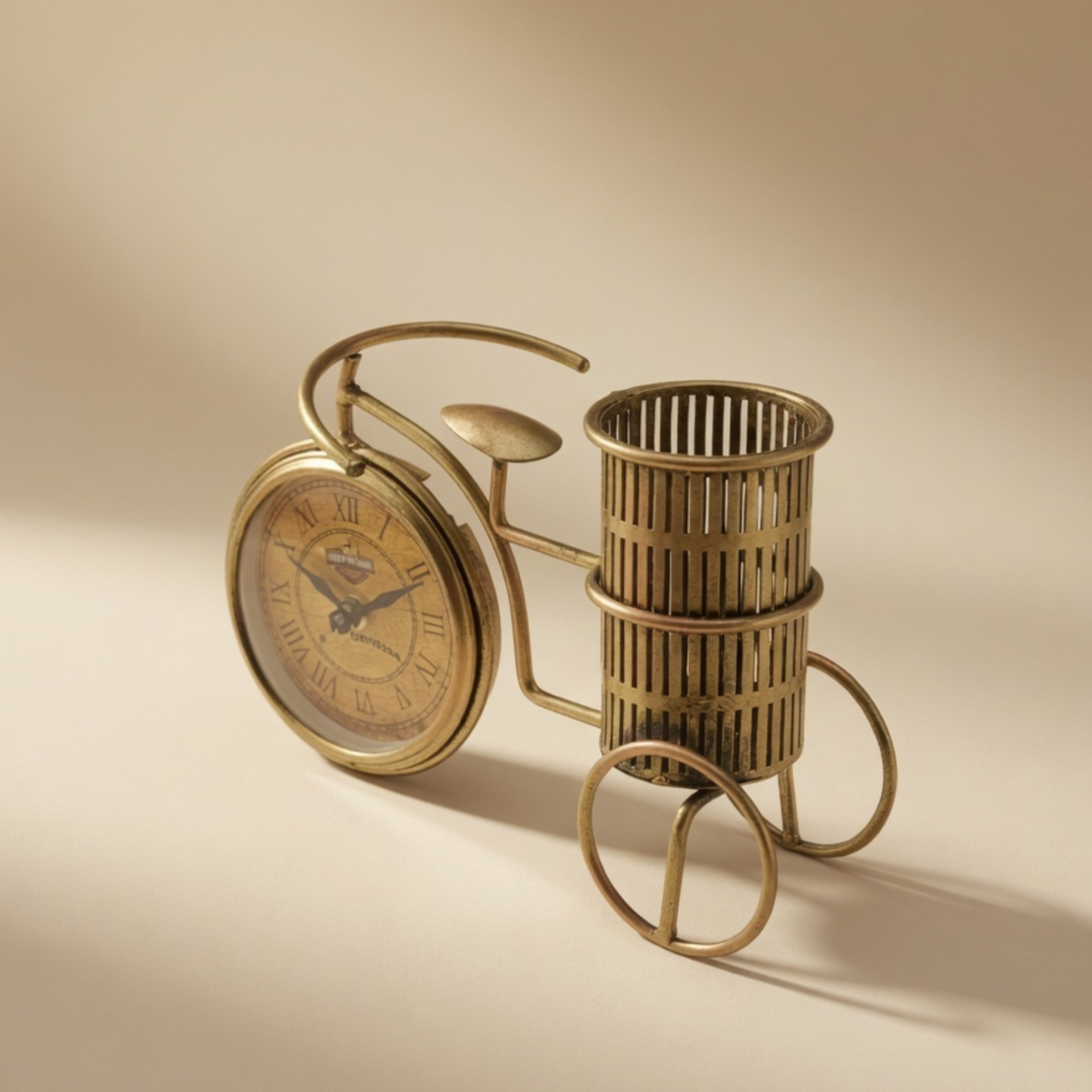 Handmade Vintage Bicycle Clock Pen Holder – Antique Metal Desk Decor | Gulabi Craft