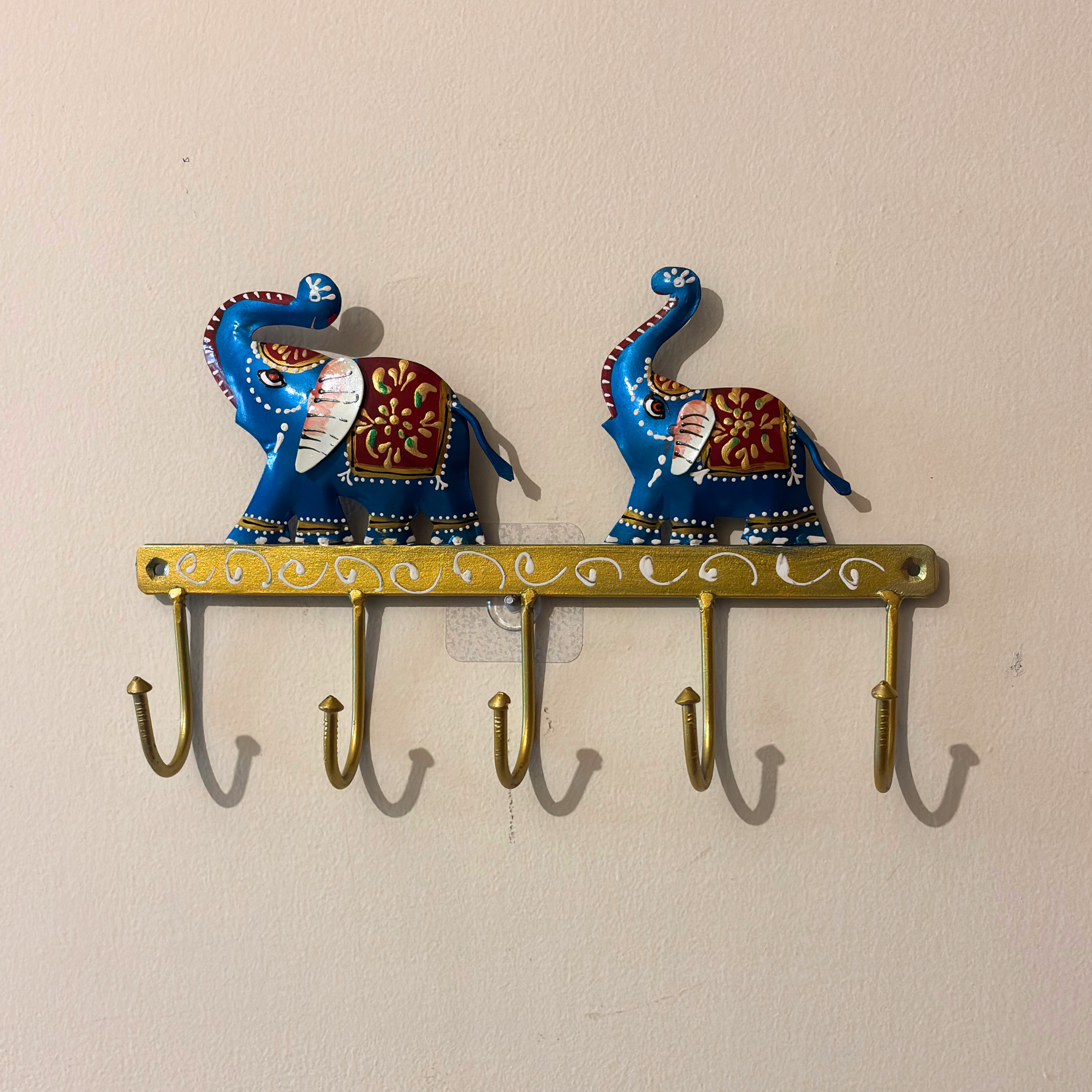 Gulabi Craft Handcrafted Blue Elephant Key Holder – Royal Metal Wall Hook for Entryway Decor & Premium Gifting
