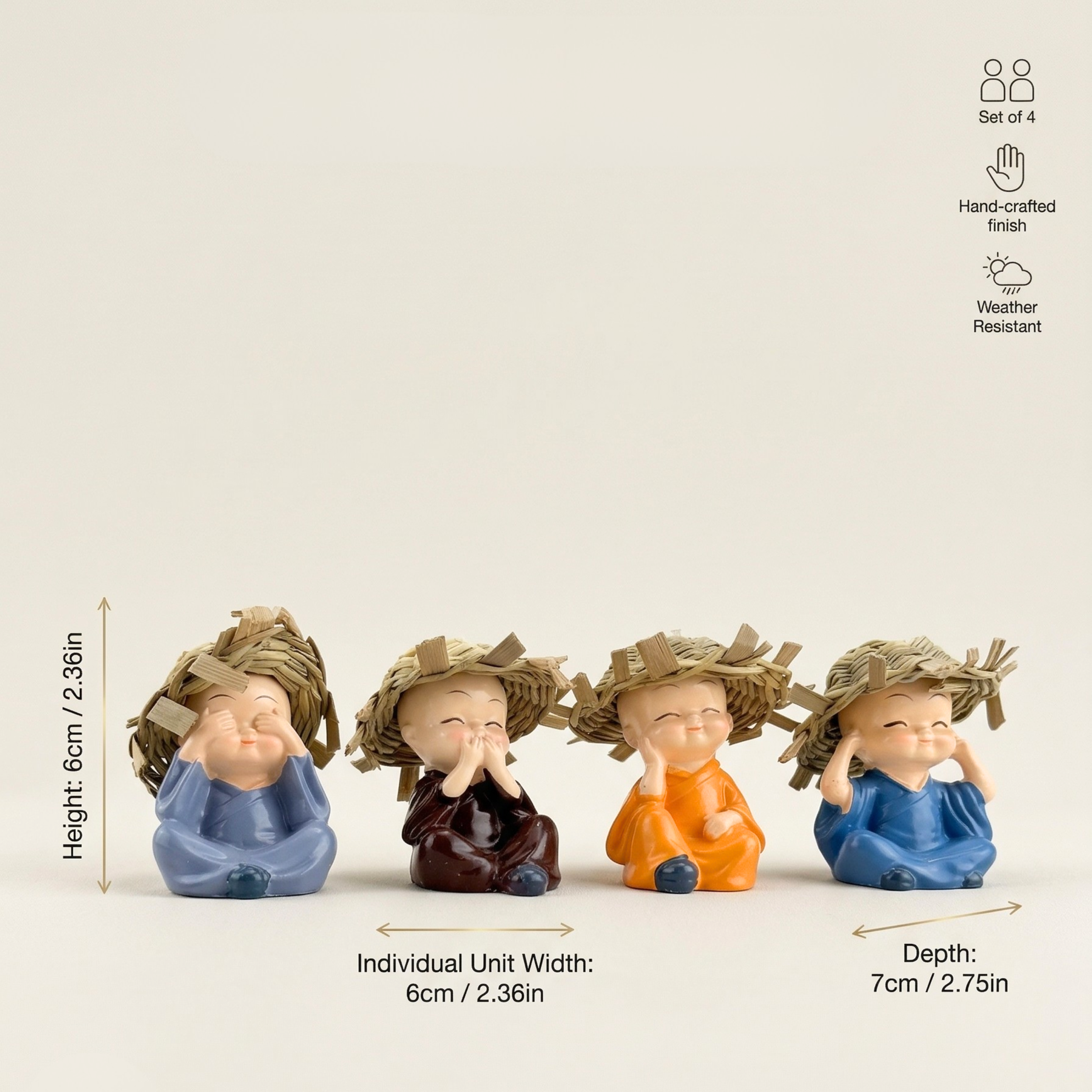 Handcrafted Mindful Monk Mini Statue Set – 4 Cute Zen Figurines for Home Decor &amp; Gifting | Gulabi Craft