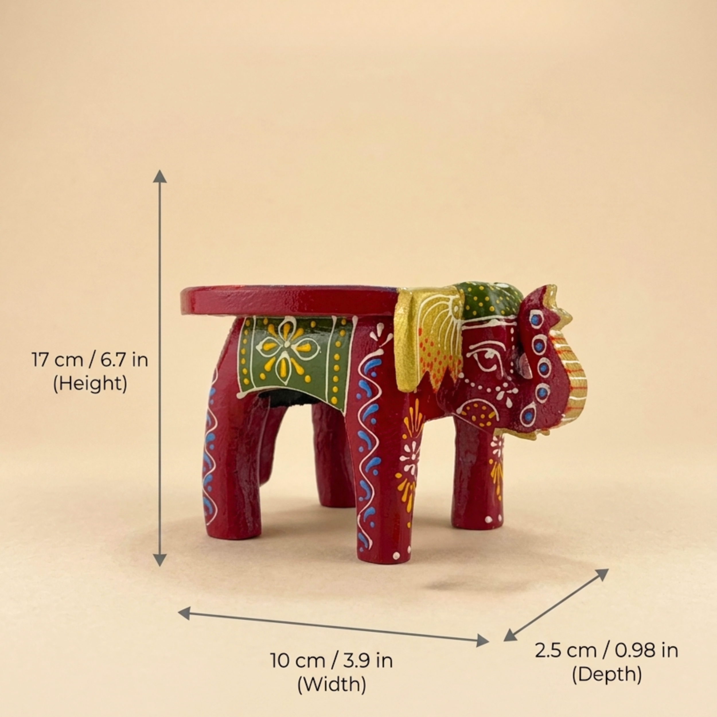 Gulabi Craft Mini Handcrafted Red Wooden Elephant Stool (4-Inch) – Traditional Hand-Painted Table Decor &amp; Festive Gift Item