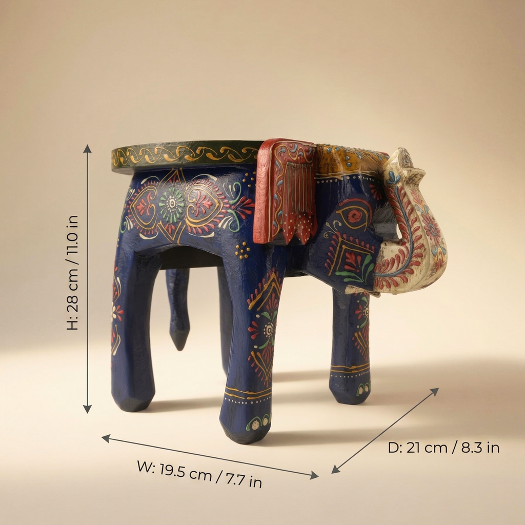 Gulabi Craft Handcrafted Blue Wooden Elephant Stool (8-Inch) – Royal Rajasthani Painted Decorative Side Table &amp; Accent Piece