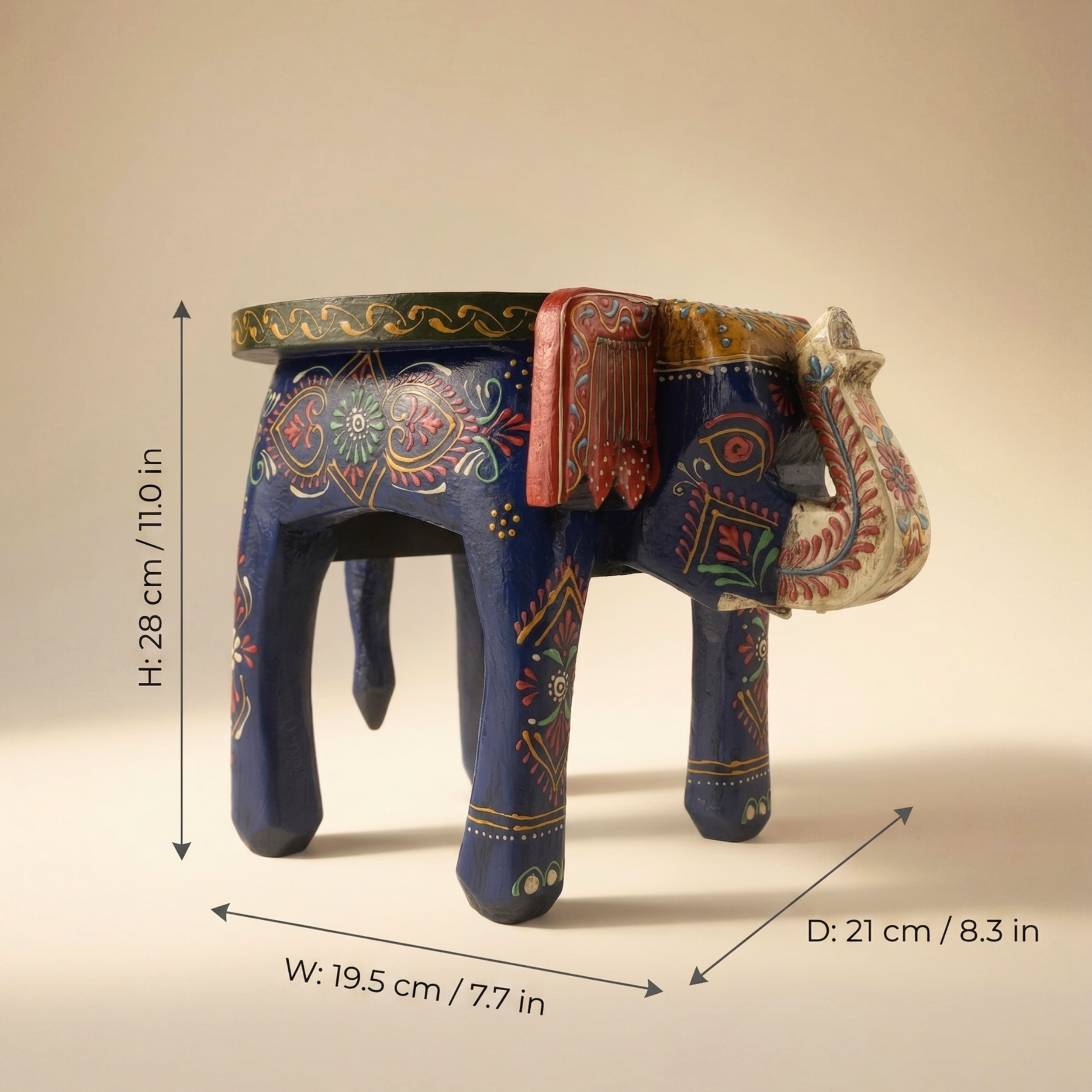 Gulabi Craft Handcrafted Blue Wooden Elephant Stool (8-Inch) – Royal Rajasthani Painted Decorative Side Table &amp; Accent Piece