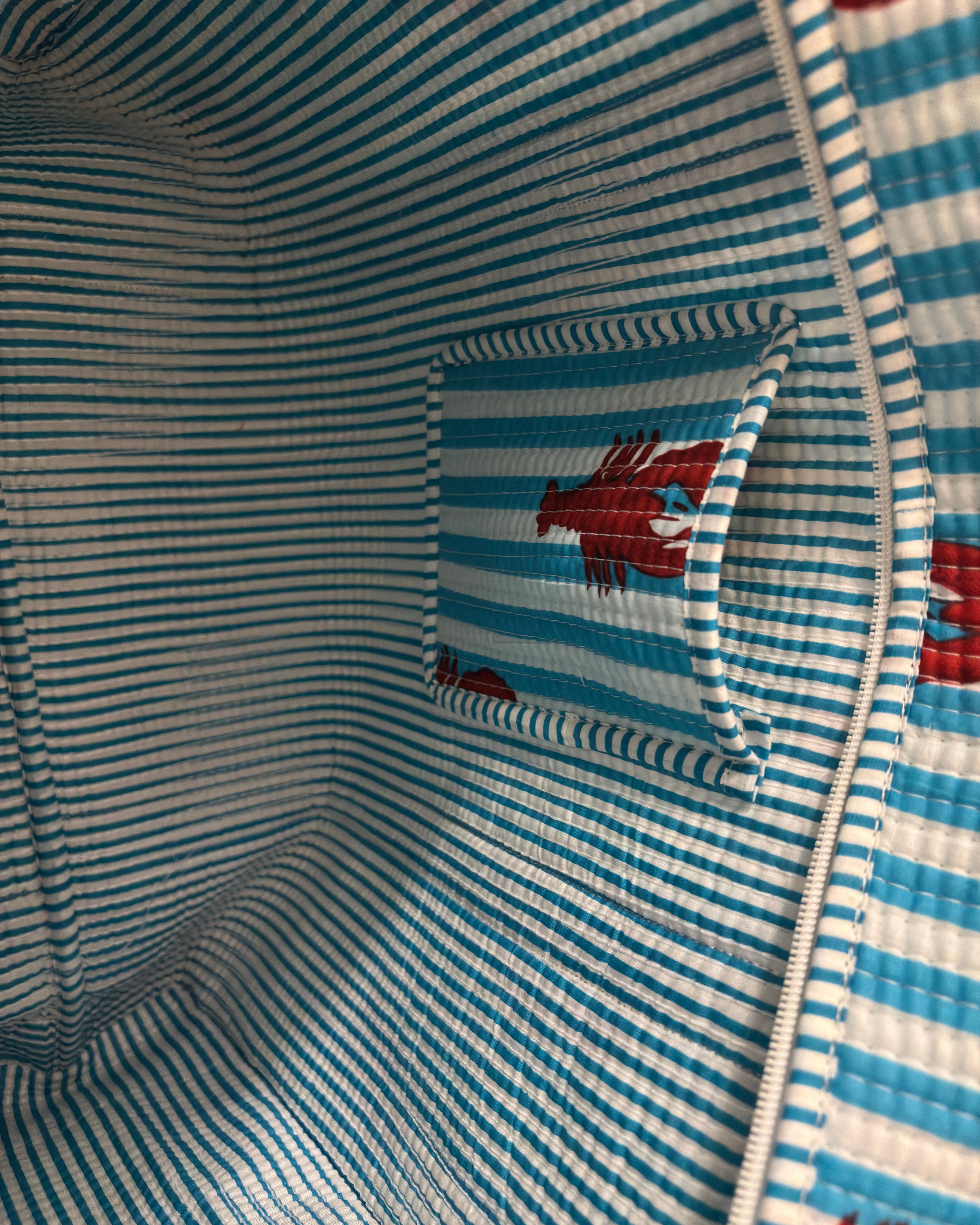 Ocean Blue Striped Red Lobster Quilted Canvas Tote Bag | Handcrafted Cotton Shoulder Bag for Travel &amp; Shopping | Gulabi Craft