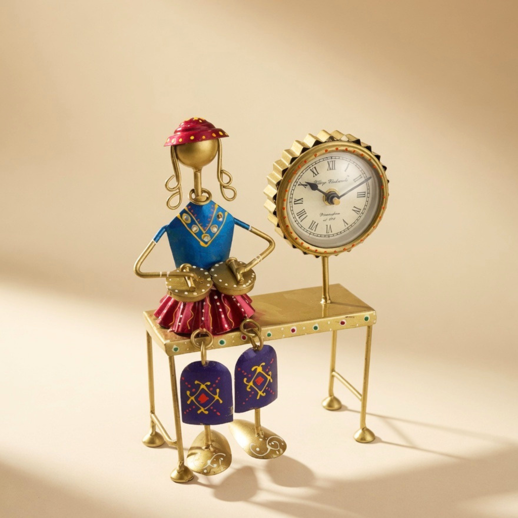 Handmade Musician Lady Table Clock – Vintage Metal Desk Decor Showpiece
