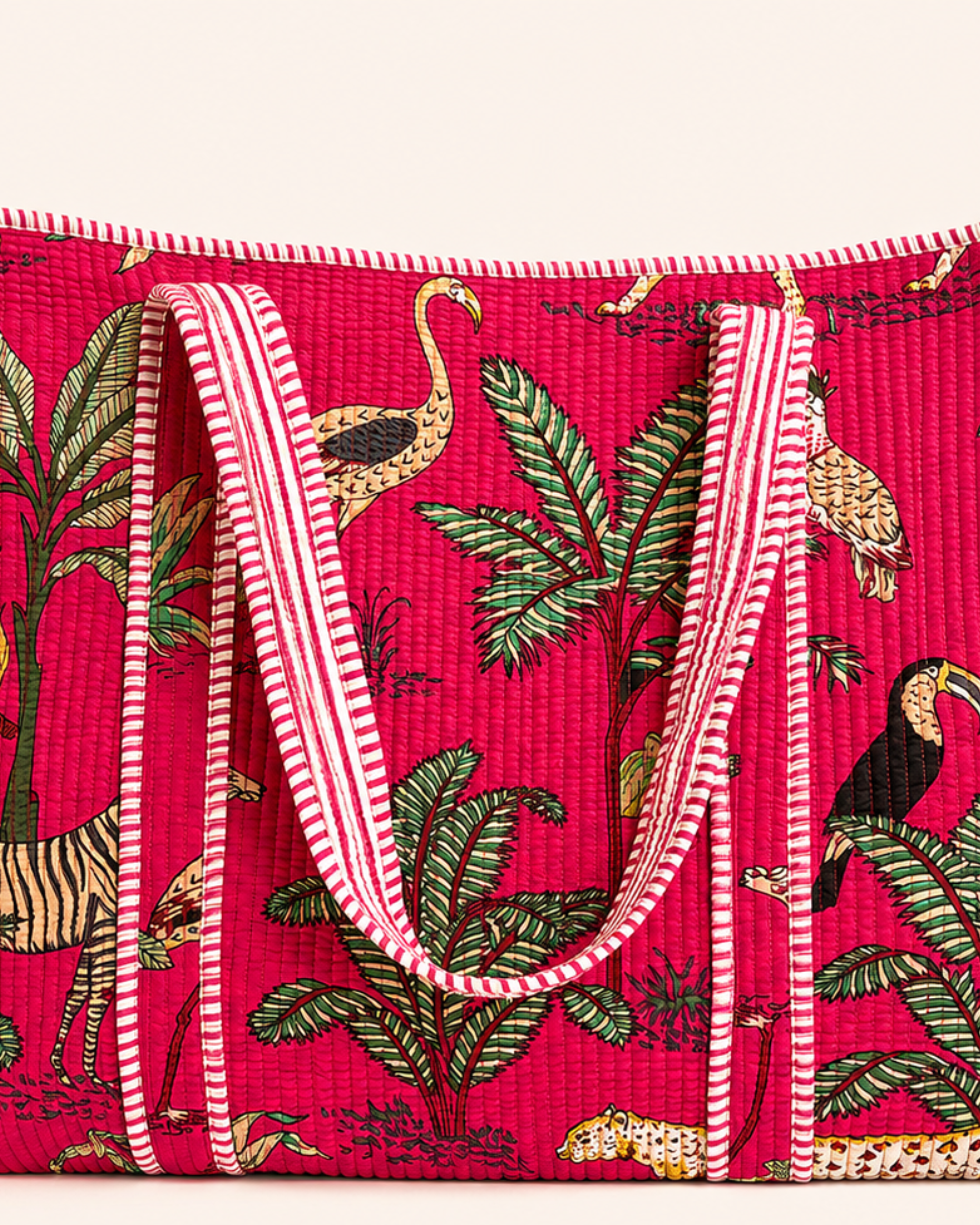 Fuchsia Pink Tropical Safari Quilted Canvas Tote Bag | Handcrafted Cotton Shoulder Bag with Inner Pocket | Gulabi Craft
