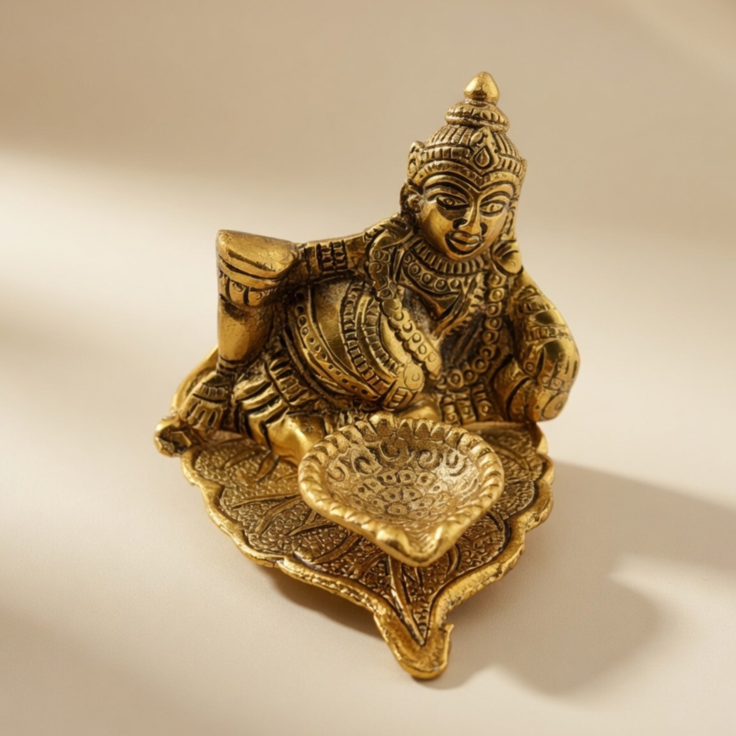 Handcrafted Lord Kuber Deepak – Antique Gold Metal Diya for Pooja Room Decor & Festive Gifting |Gulabi Craft