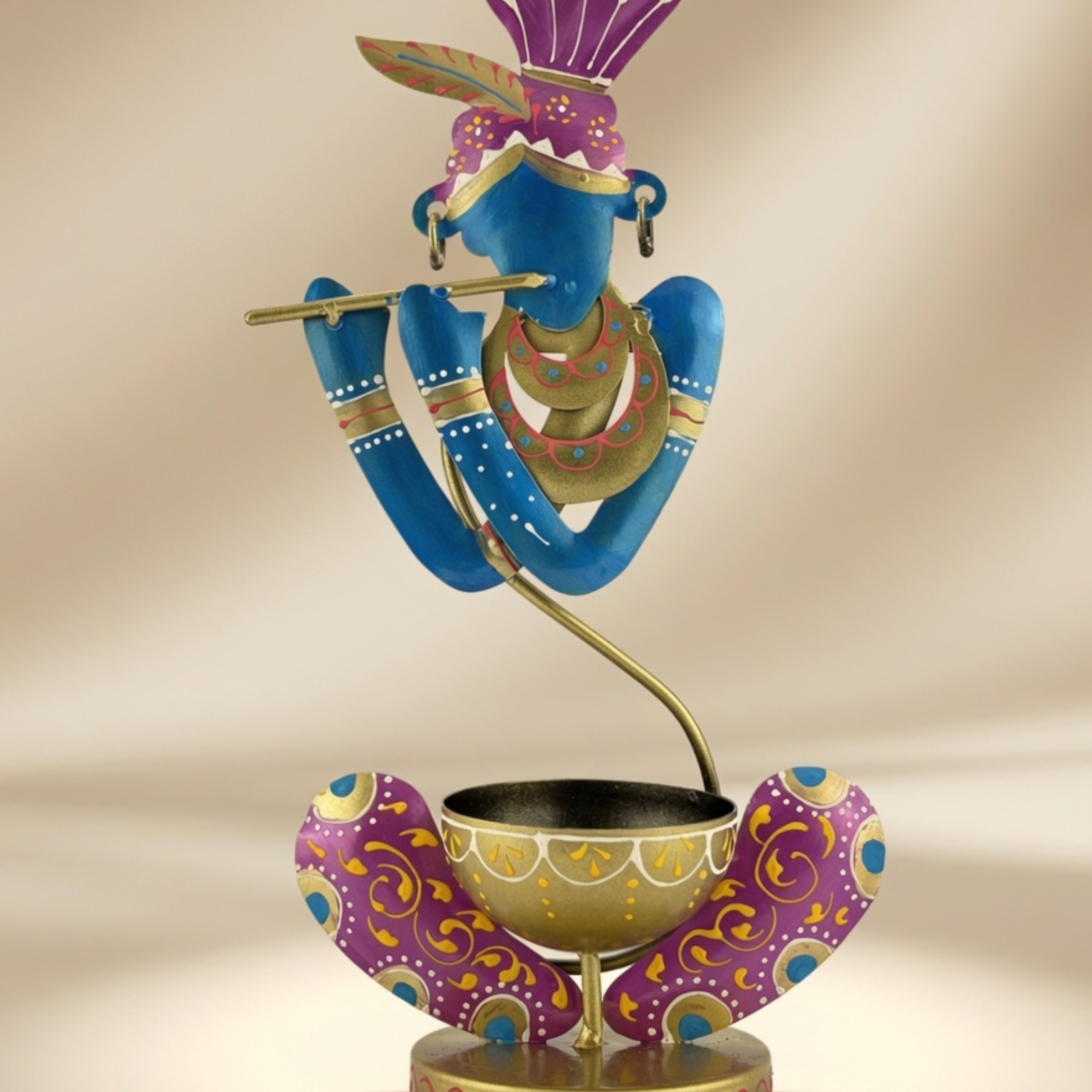 Handcrafted Murli Krishna T-Light Holder Blue – Metal Spiritual Home Decor Table Diya Stand | Gulabi Craft