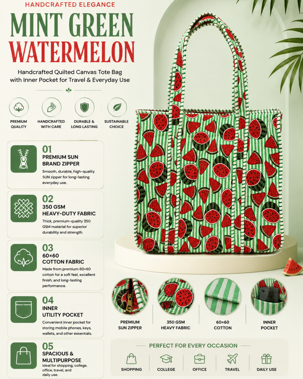 Mint Green Watermelon Quilted Canvas Tote Bag | Handcrafted Cotton Shoulder Bag with Inner Pocket