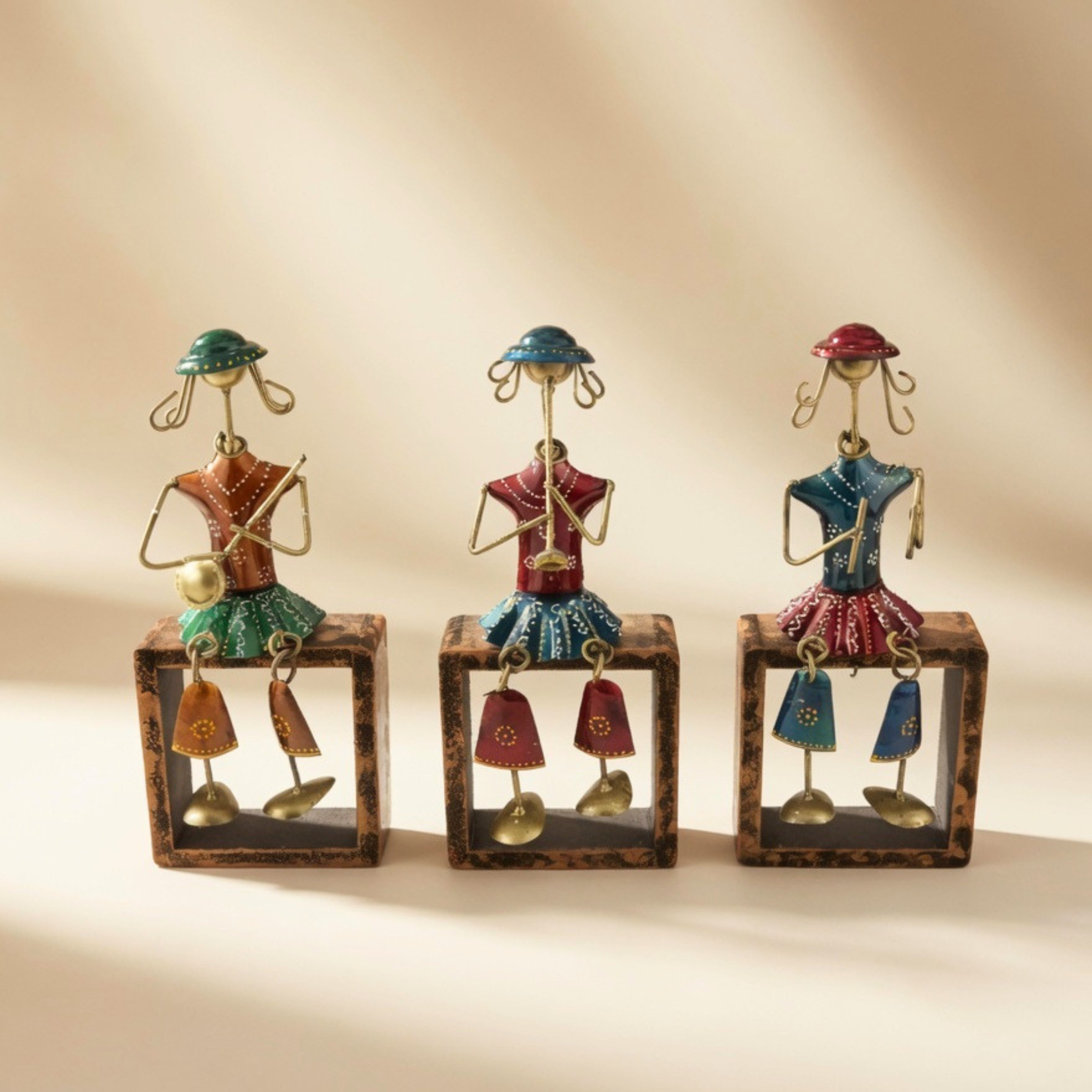 Handmade Tribal Musician Metal Figurine Set of 3 Home Decor Showpiece