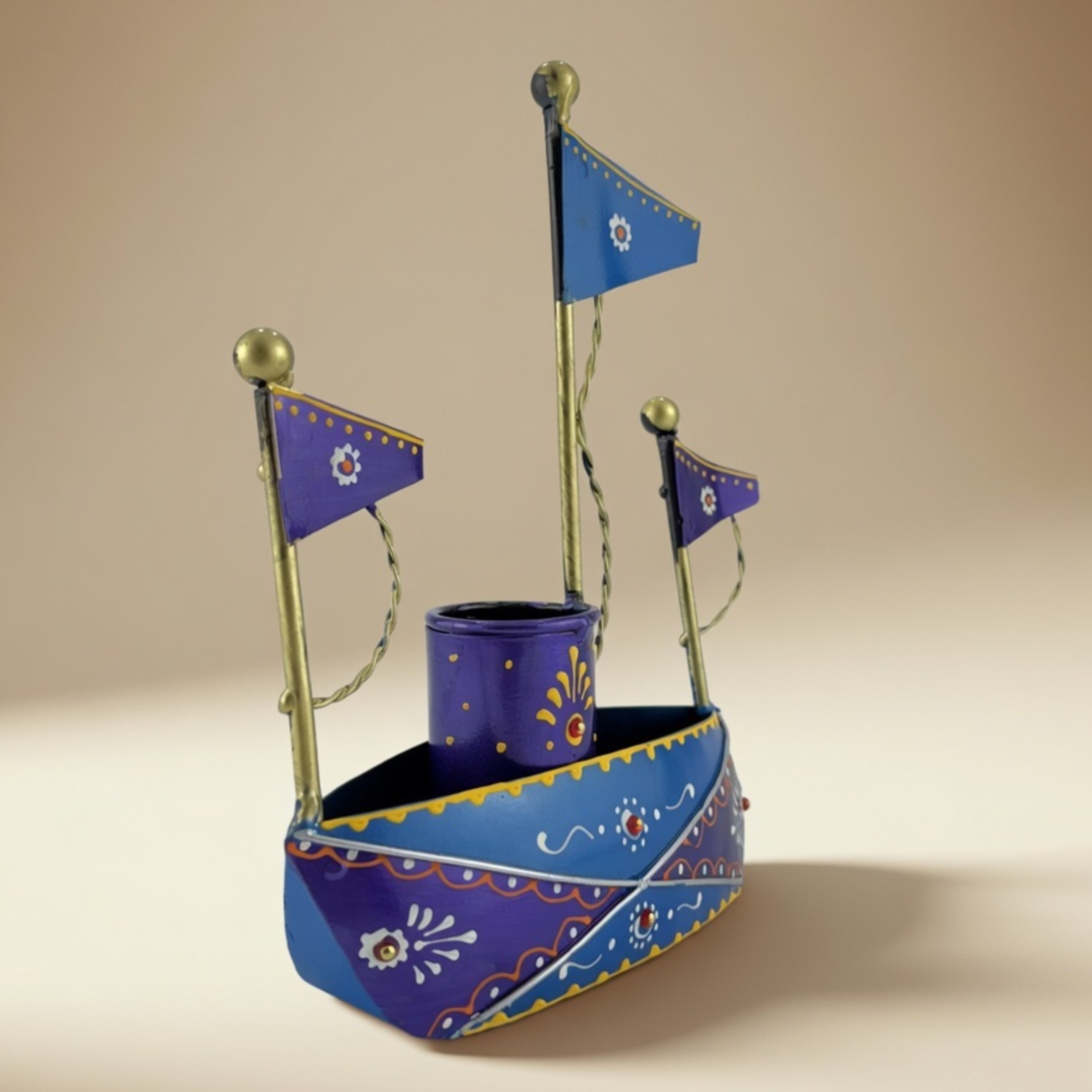 Handmade Metal Boat Desk Organizer Pen Holder | Decorative Office Table Decor