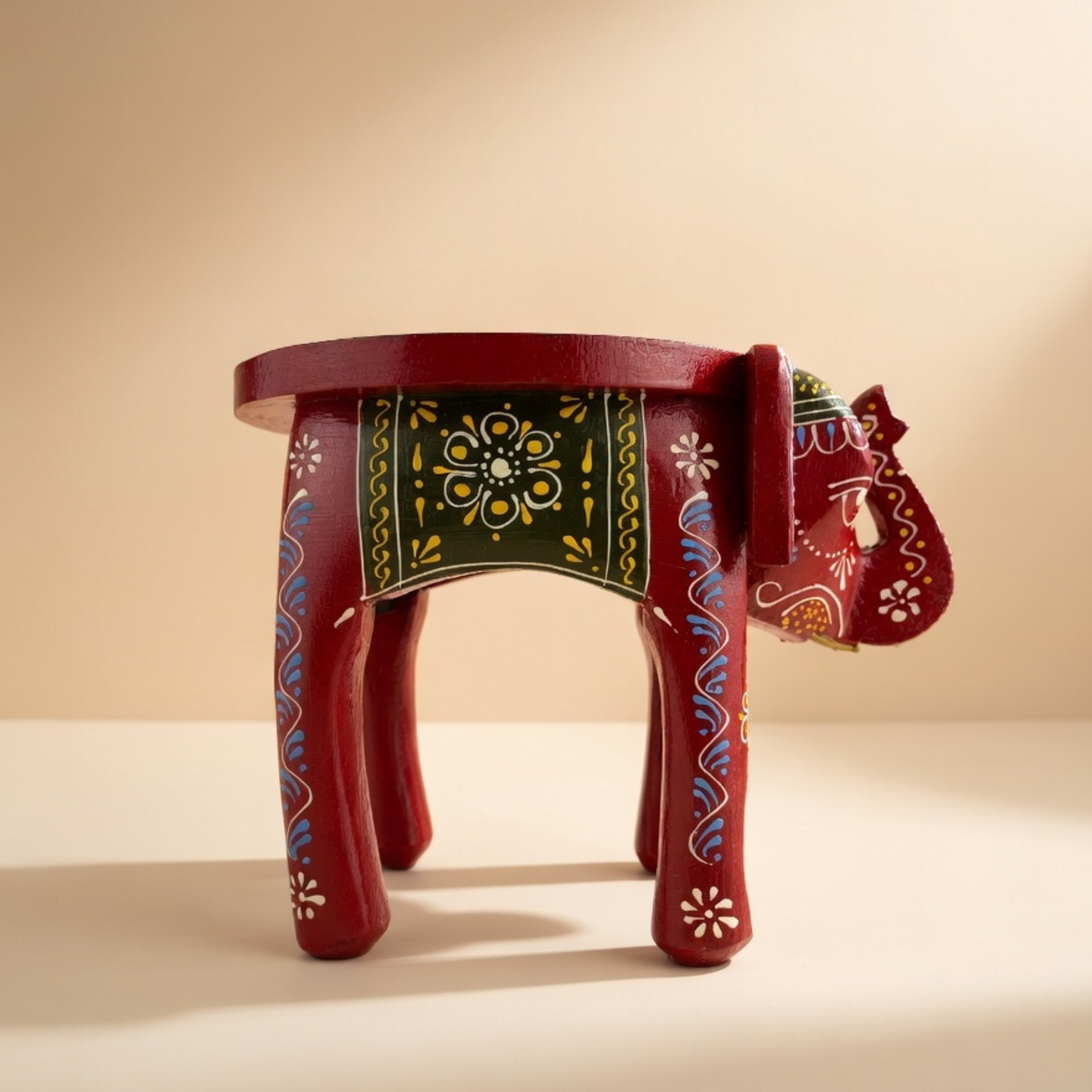 Gulabi Craft Premium Red Wooden Elephant Stool (8-Inch) – Hand-Painted Traditional Accent Table &amp; Home Decor
