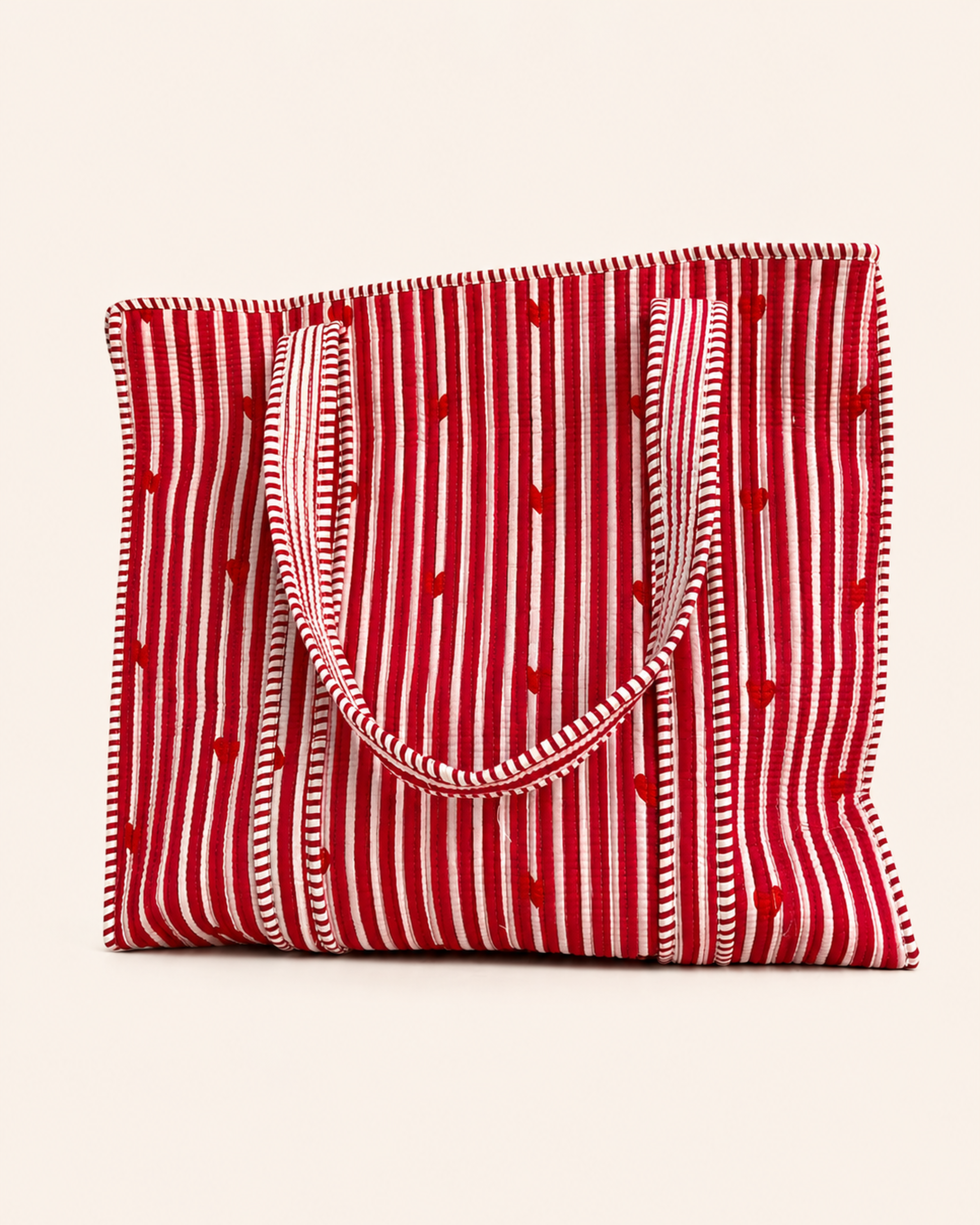 Red Stripe Red Heart Quilted Canvas Tote Bag | Handcrafted Cotton Shoulder Bag with Inner Pocket | Gulabi Craft