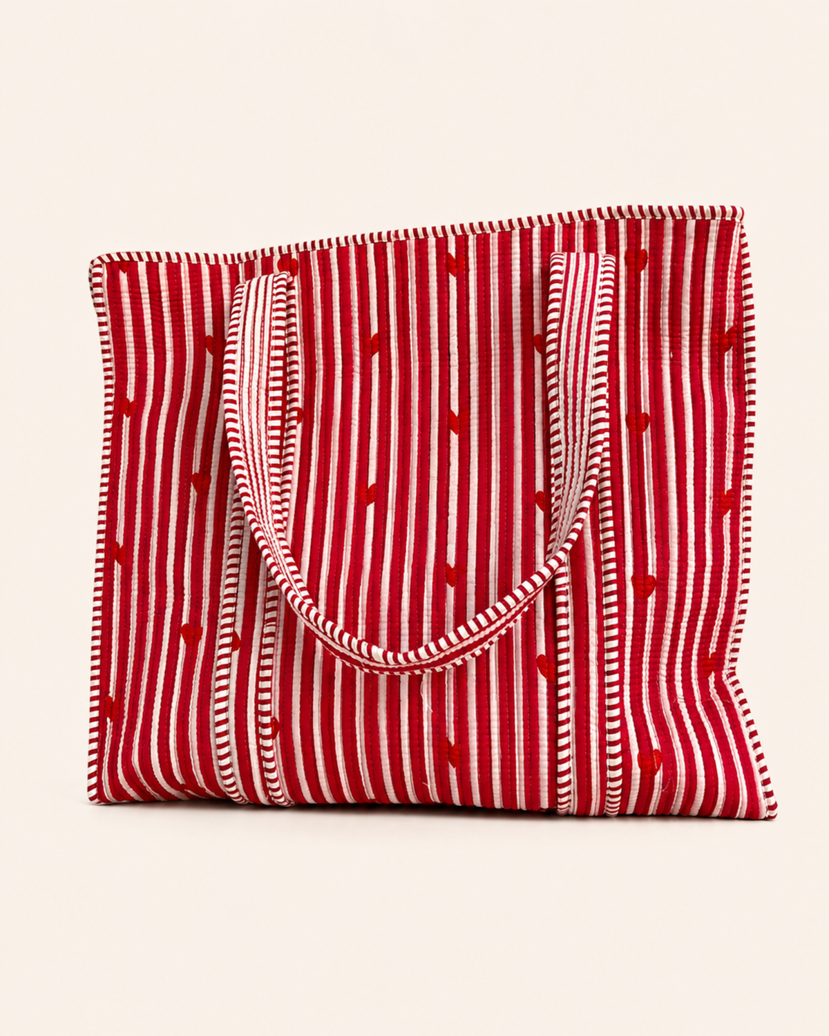 Red Stripe Red Heart Quilted Canvas Tote Bag | Handcrafted Cotton Shoulder Bag with Inner Pocket | Gulabi Craft
