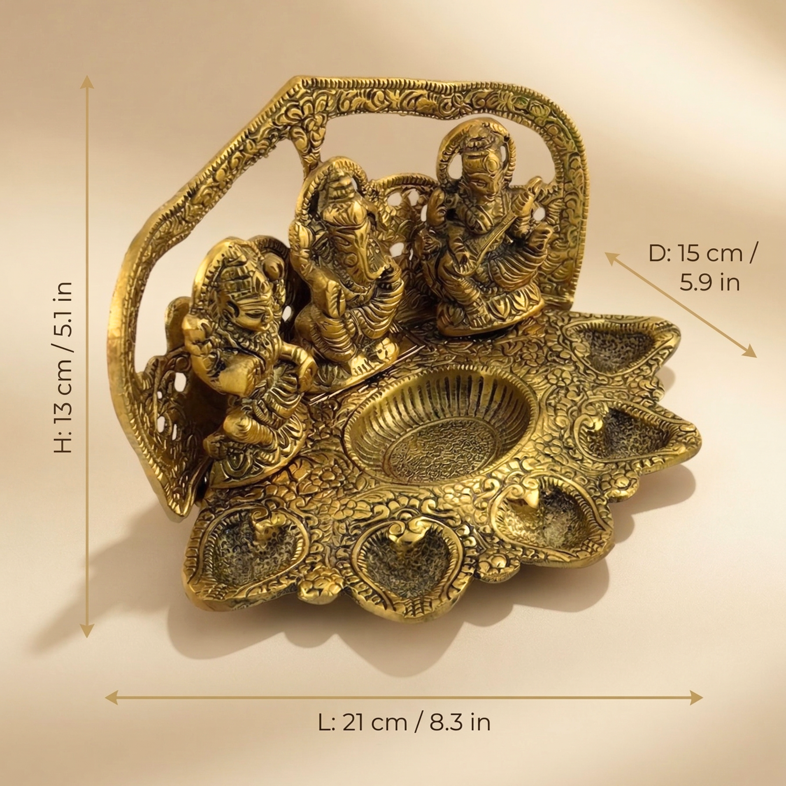 Ganesha Lakshmi Saraswati Diya Stand | Handmade Brass Puja Decor