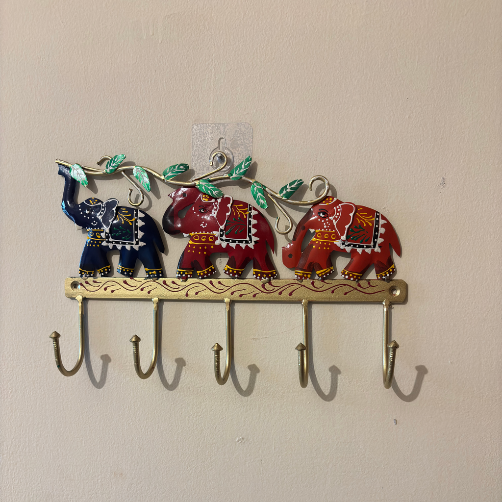 Handcrafted 3 Elephant Key Holder – Colorful Metal Wall Hook for Entryway Decor & Vastu Gifting | Gulabi Craft