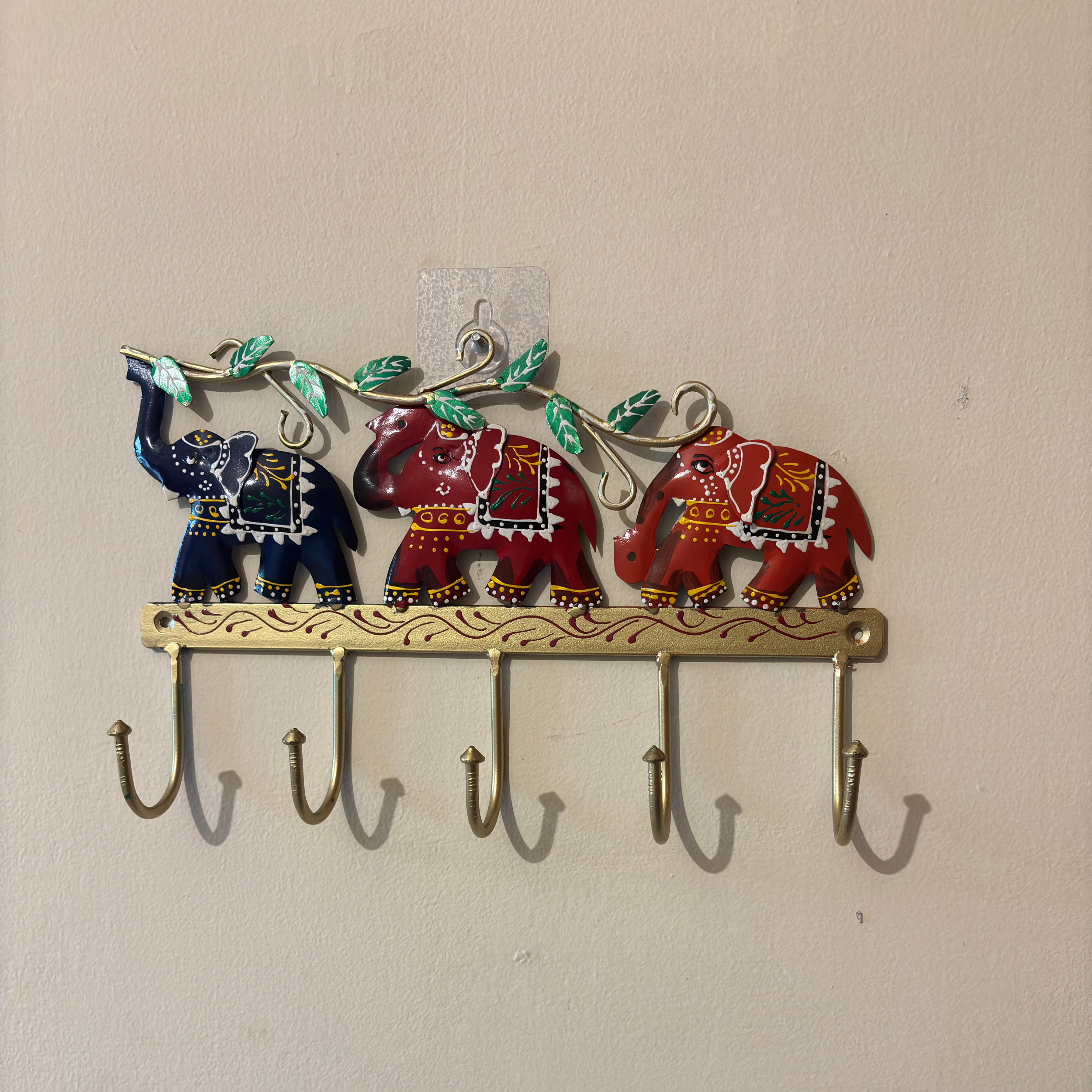 Handcrafted 3 Elephant Key Holder – Colorful Metal Wall Hook for Entryway Decor & Vastu Gifting | Gulabi Craft