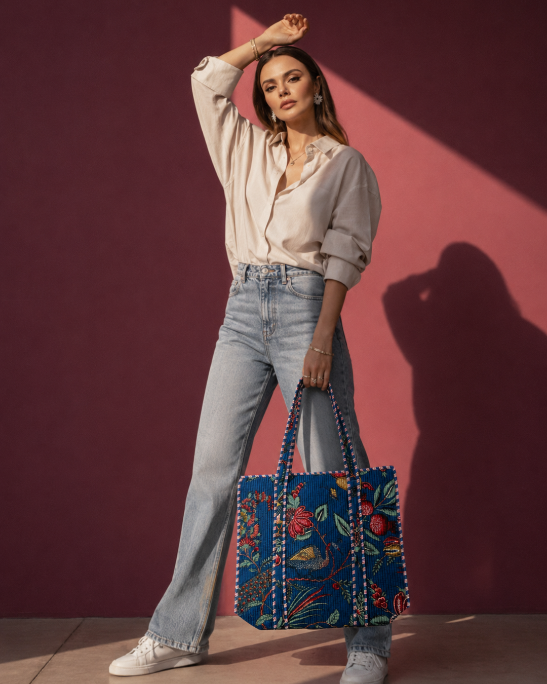 Indigo Peacock Block Print Quilted Cotton Tote Bag | Large Handbag with Inner Pocket for Travel & Gifting | Gulabi Craft