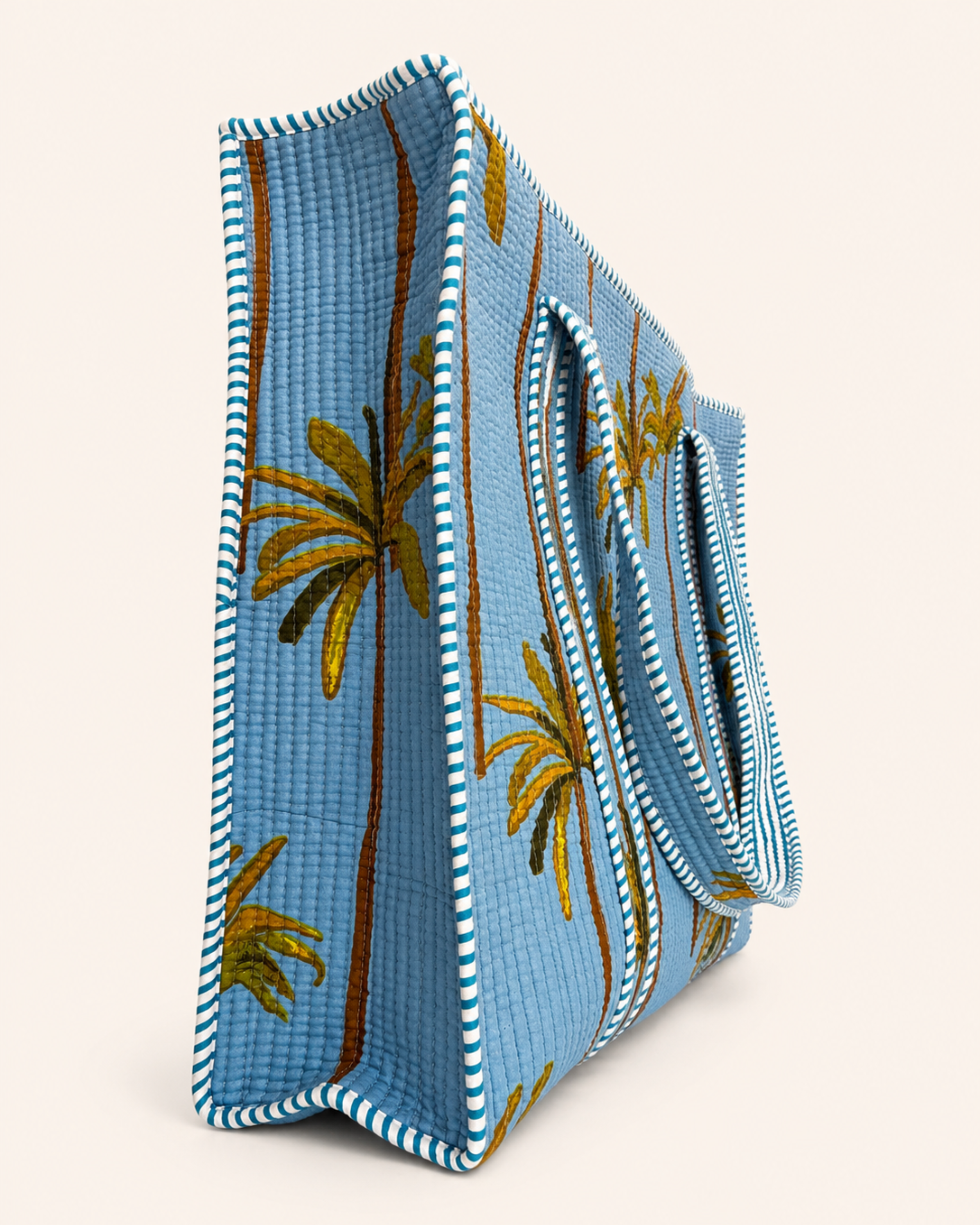 Sky Blue Palm Tree Quilted Canvas Tote Bag | Handcrafted Cotton Shoulder Bag with Inner Pocket | Gulabi Craft