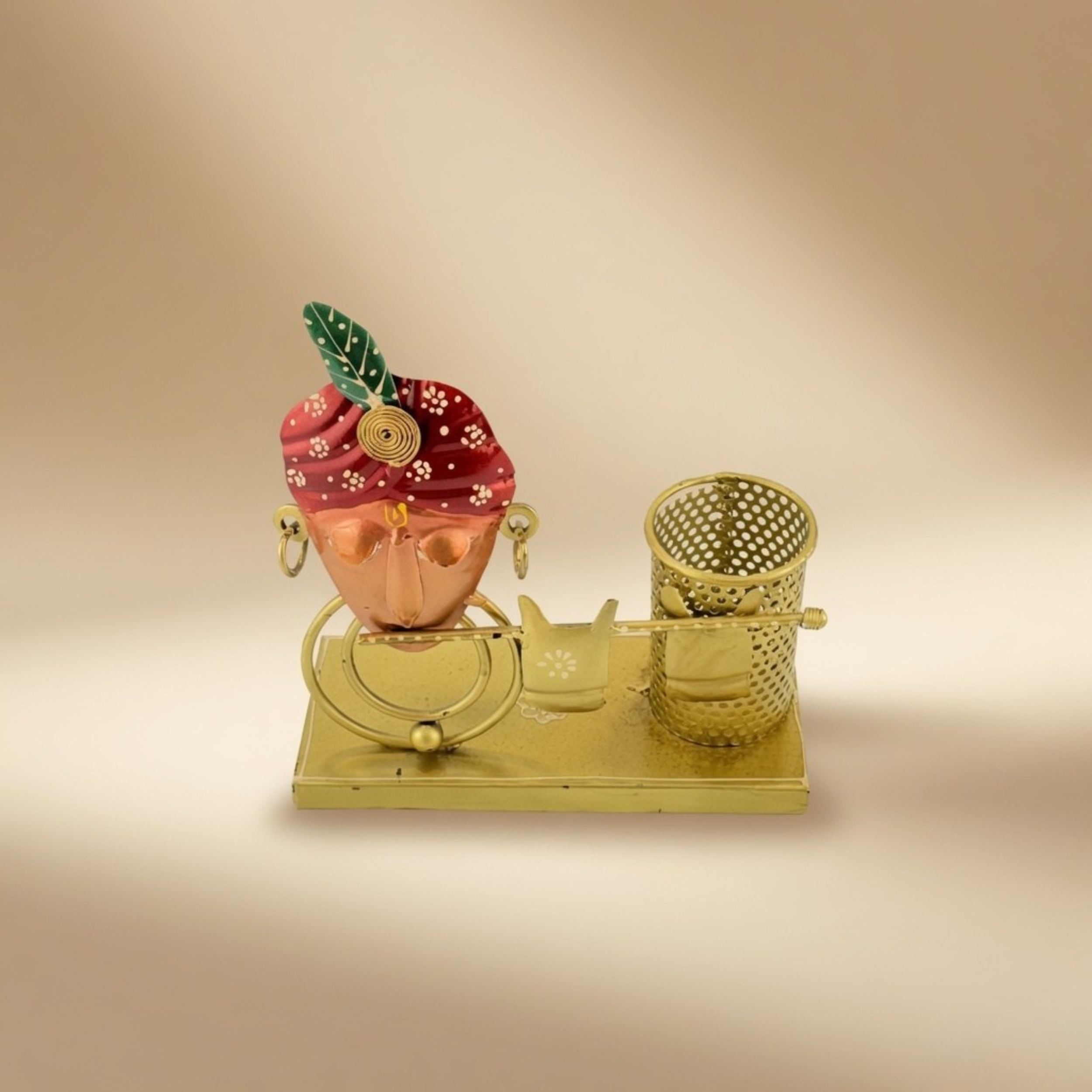 Handmade Rajasthani Metal Pen Stand Desk Organizer for Home & Office Decor