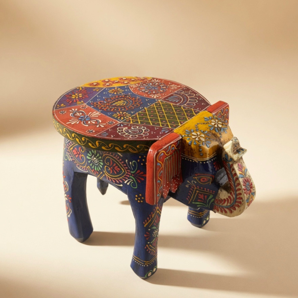 Gulabi Craft Handcrafted Blue Wooden Elephant Stool (8-Inch) – Royal Rajasthani Painted Decorative Side Table &amp; Accent Piece