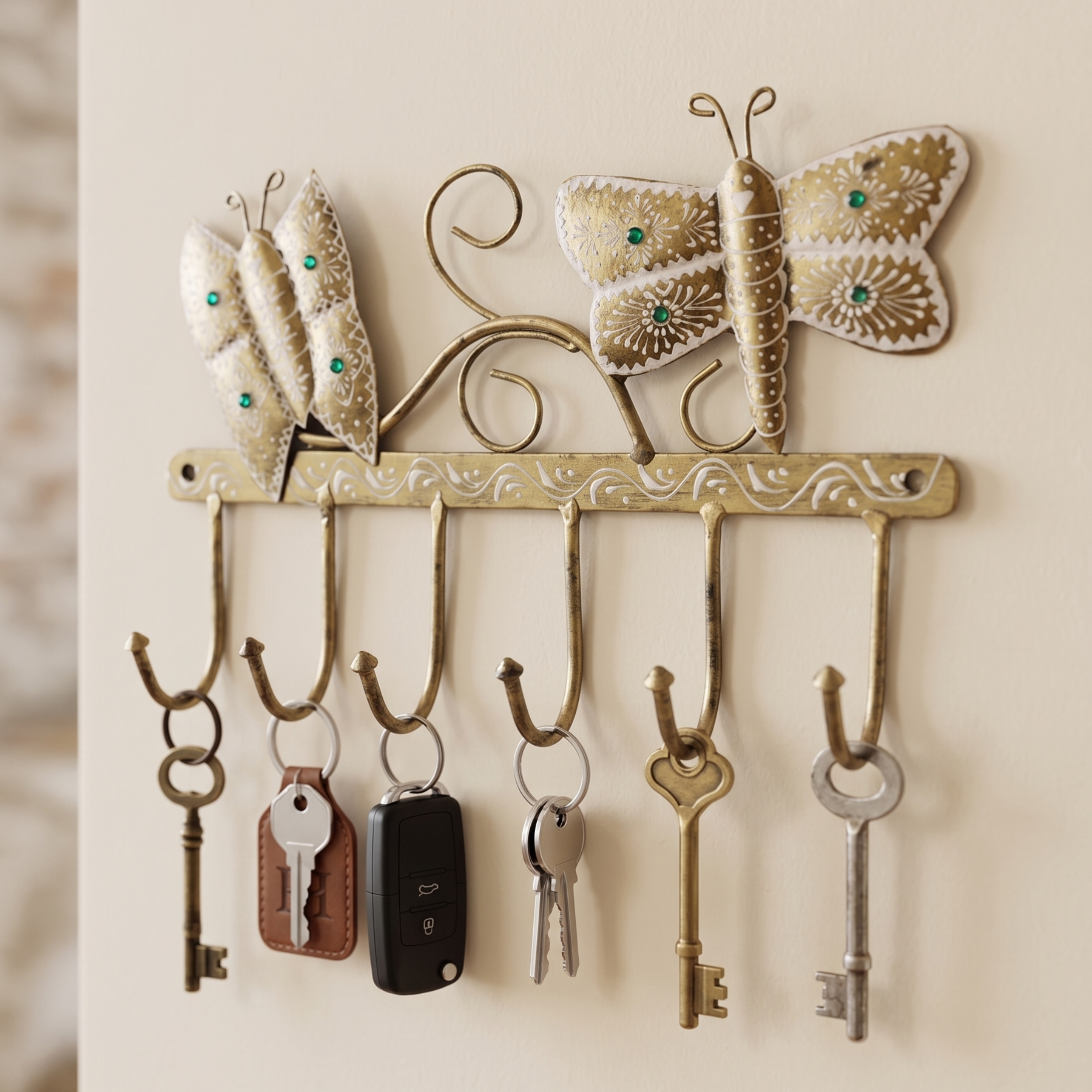Gulabi Craft Handcrafted Butterfly Key Holder – Antique Gold Metal Wall Hook for Entryway Decor &amp; Gifting