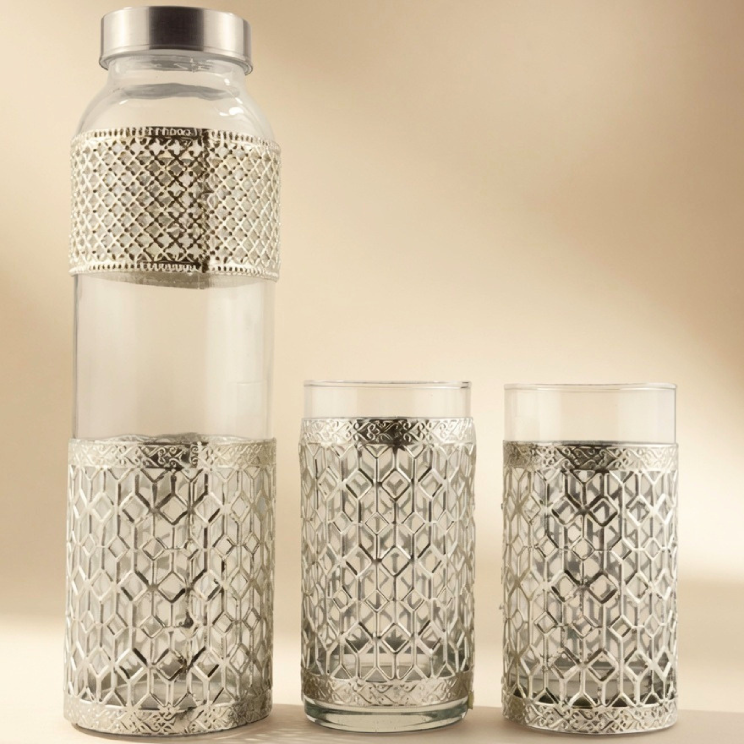 Luxury Glass Bottle & Tumbler Set | Premium Drinkware with Metal Holder