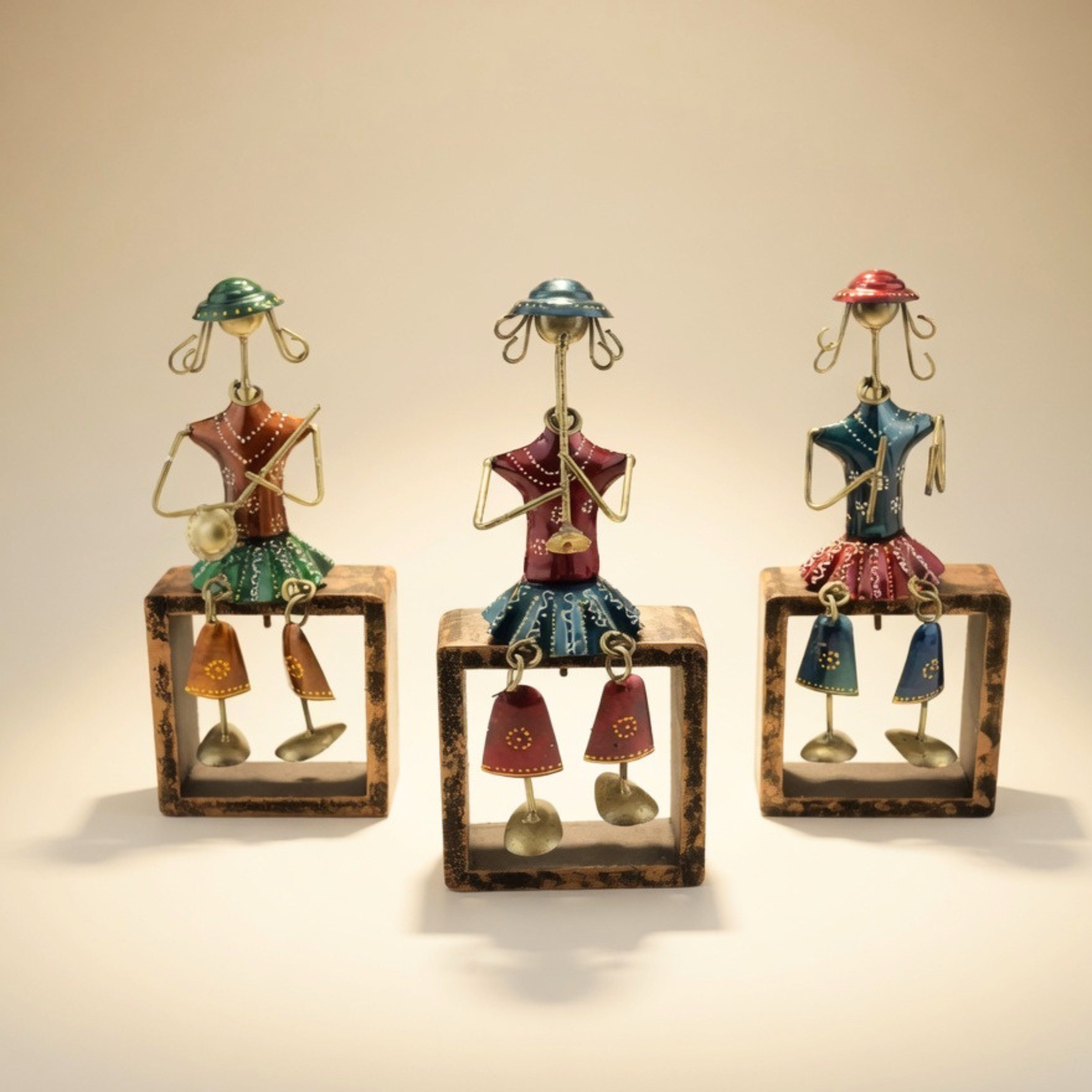 Handmade Tribal Musician Metal Figurine Set of 3 Home Decor Showpiece
