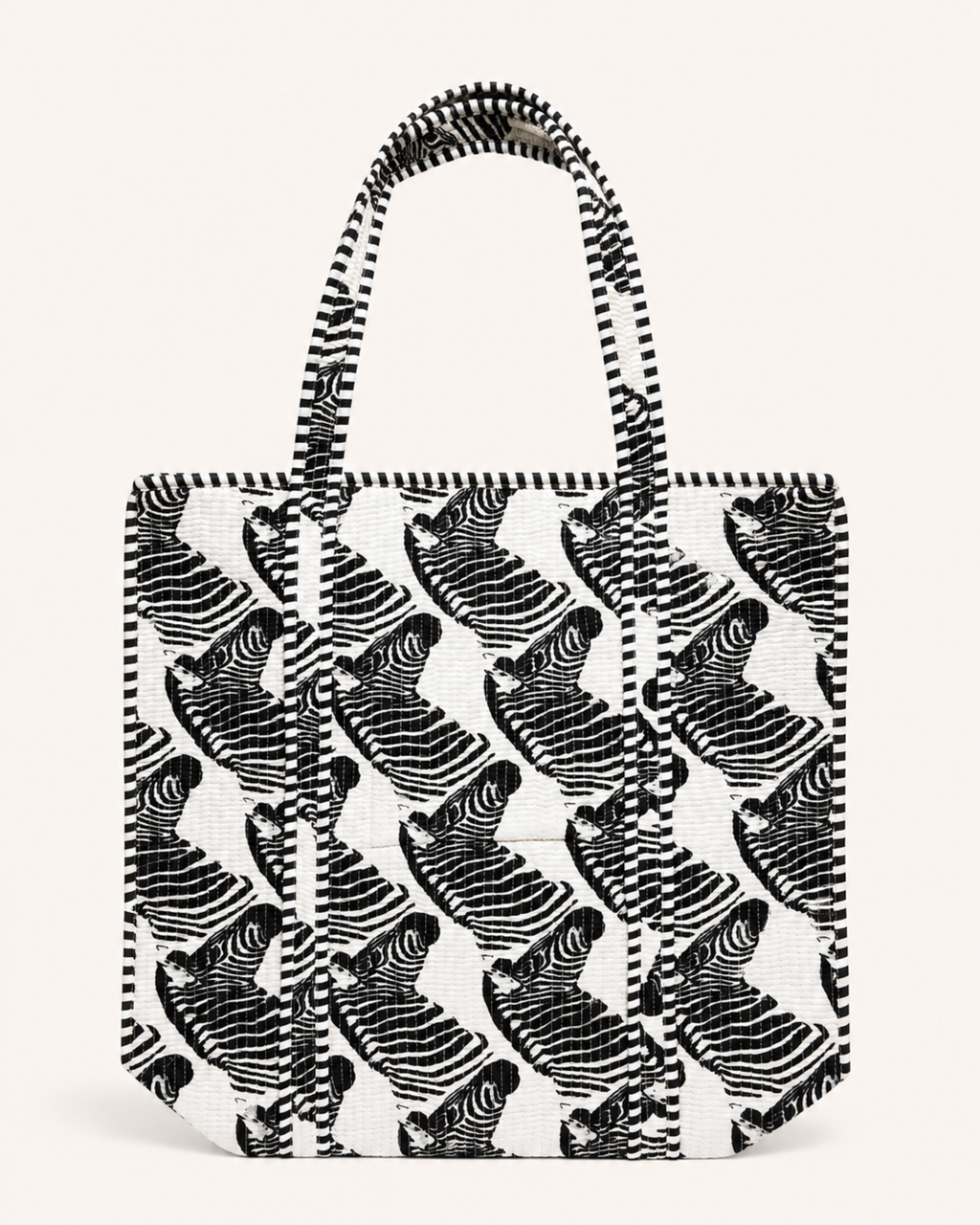 Classic Black and White Zebra Quilted Canvas Tote Bag | Handcrafted Cotton Shoulder Bag with Inner Pocket | Gulabi Craft