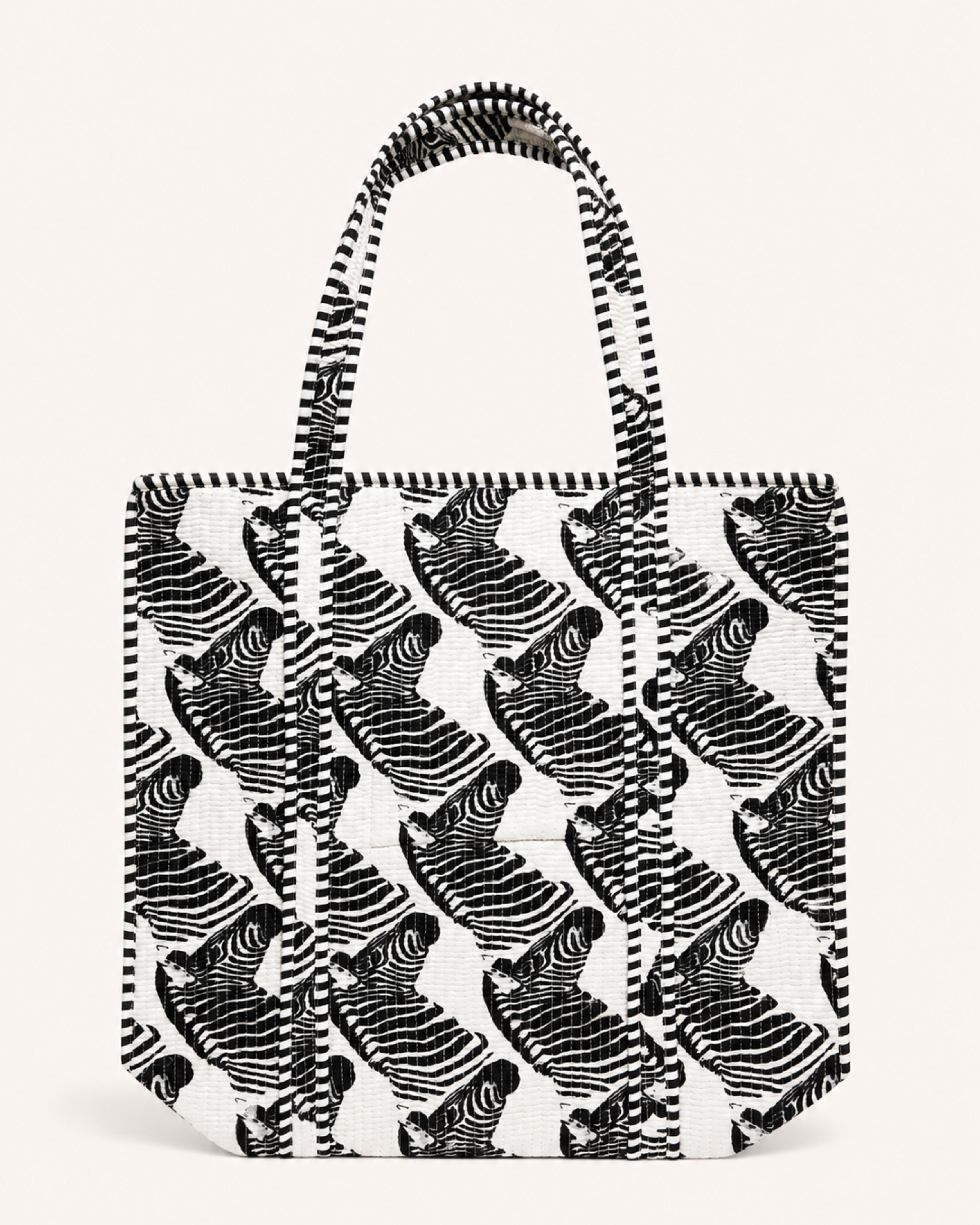 Classic Black and White Zebra Quilted Canvas Tote Bag | Handcrafted Cotton Shoulder Bag with Inner Pocket | Gulabi Craft