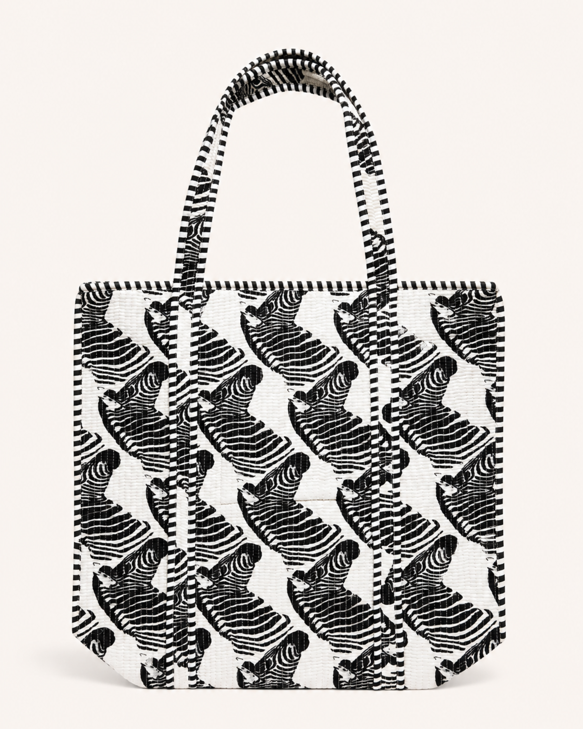 Classic Black and White Zebra Quilted Canvas Tote Bag | Handcrafted Cotton Shoulder Bag with Inner Pocket | Gulabi Craft