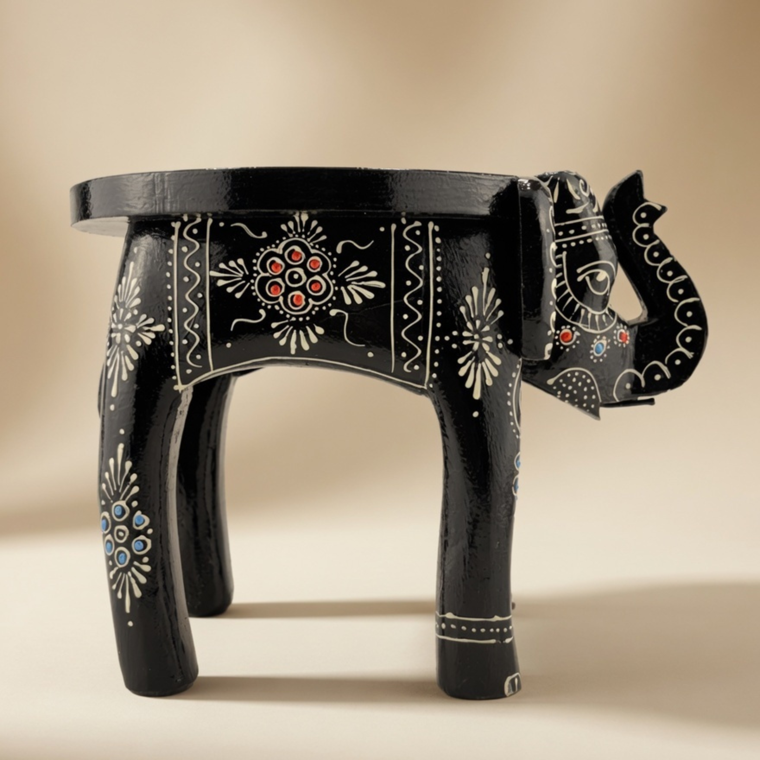 Gulabi Craft Handcrafted Wooden Elephant Stool (8-Inch) – Traditional Indian Painted Decorative Accent & Side Table