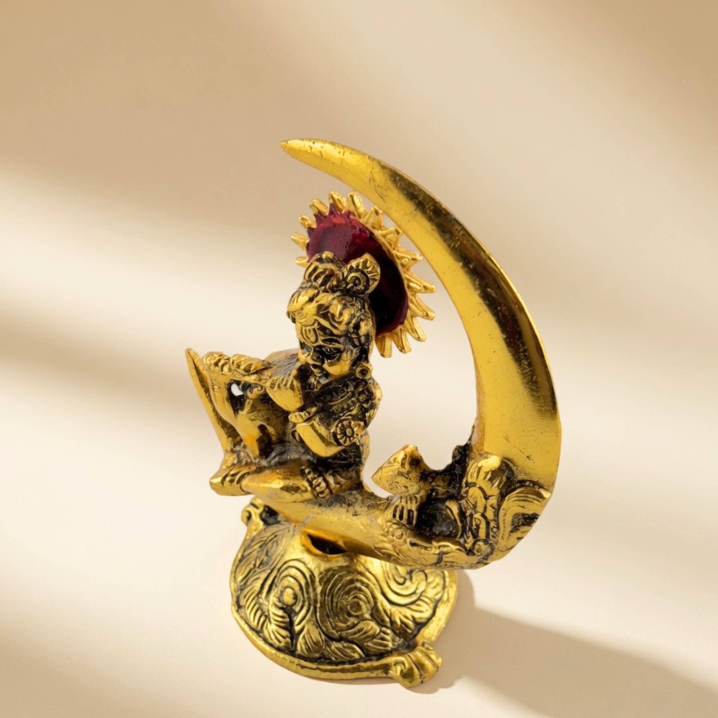 Handmade Metal Krishna Sitting on Moon with Peacock – Vintage Spiritual Home Decor | Gulabi Craft