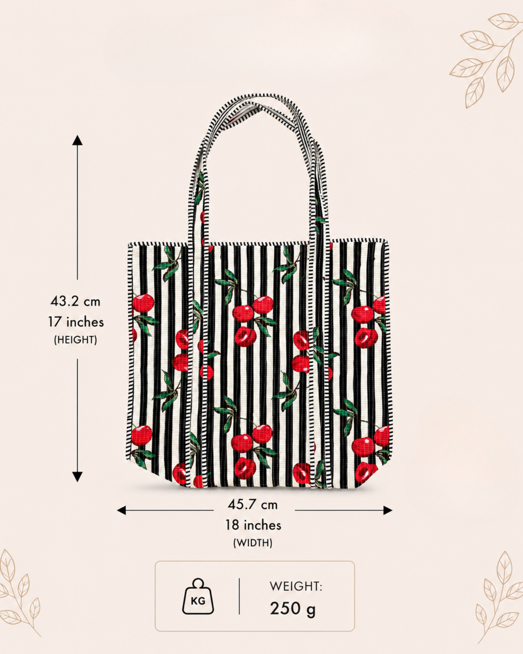 Midnight Black Stripe Red Cherry Handcrafted Quilted Canvas Tote Bag with Inner Pocket for Travel | Gulabi Craft
