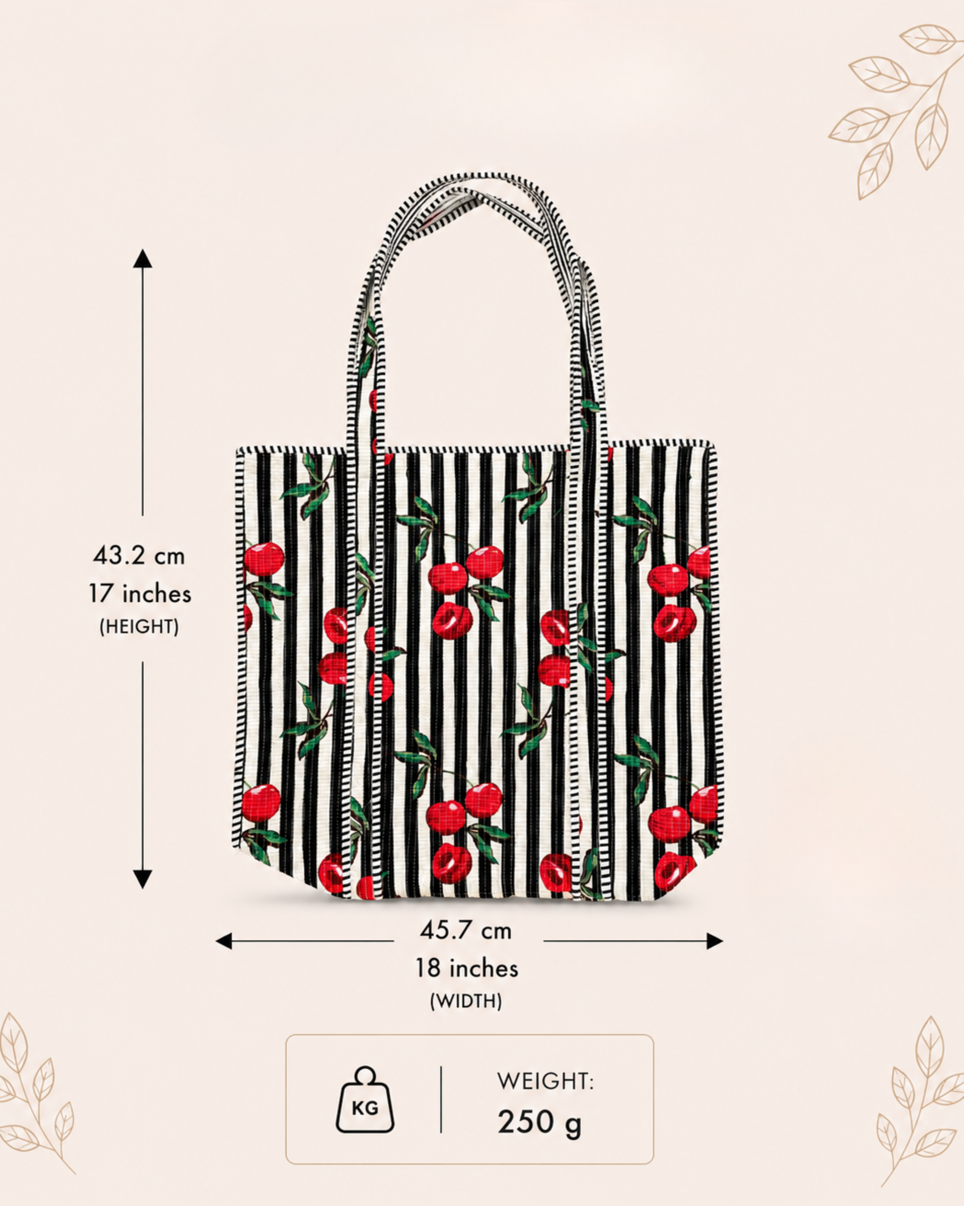 Midnight Black Stripe Red Cherry Handcrafted Quilted Canvas Tote Bag with Inner Pocket for Travel | Gulabi Craft