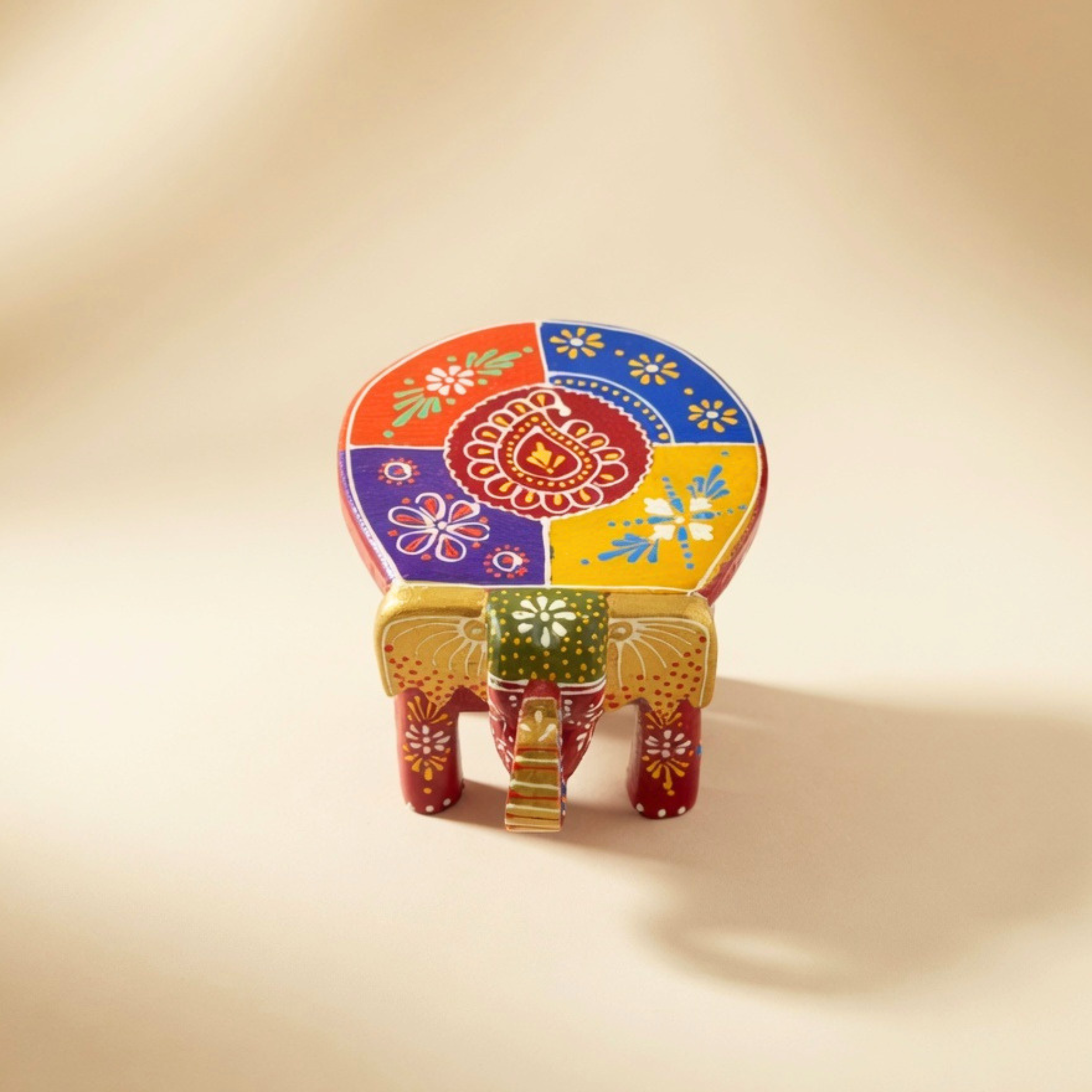 Gulabi Craft Mini Handcrafted Red Wooden Elephant Stool (4-Inch) – Traditional Hand-Painted Table Decor &amp; Festive Gift Item