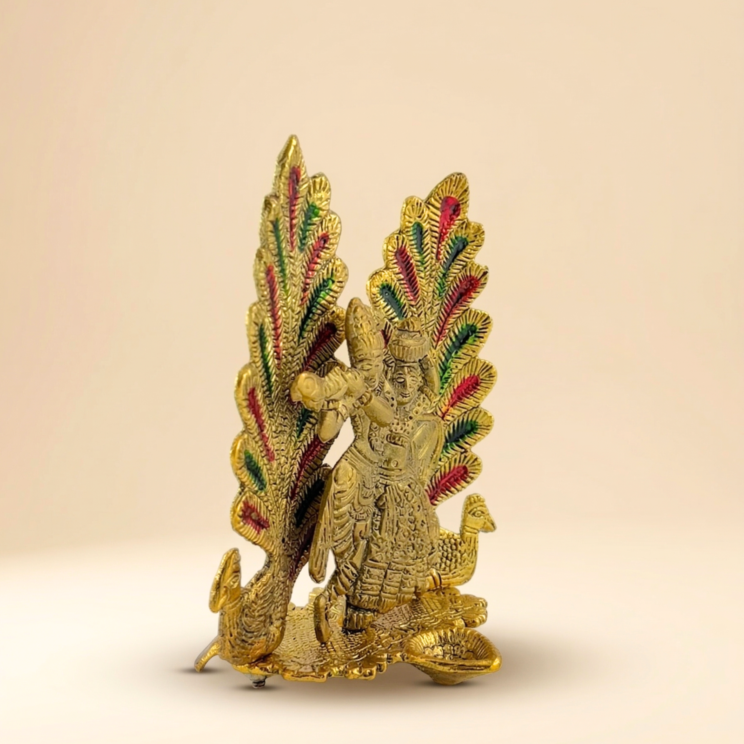 Gulabi Craft Handcrafted Mor Pankh Radha Krishna Idol with Diya – Antique Gold Metal Decor  Premium Gift Item