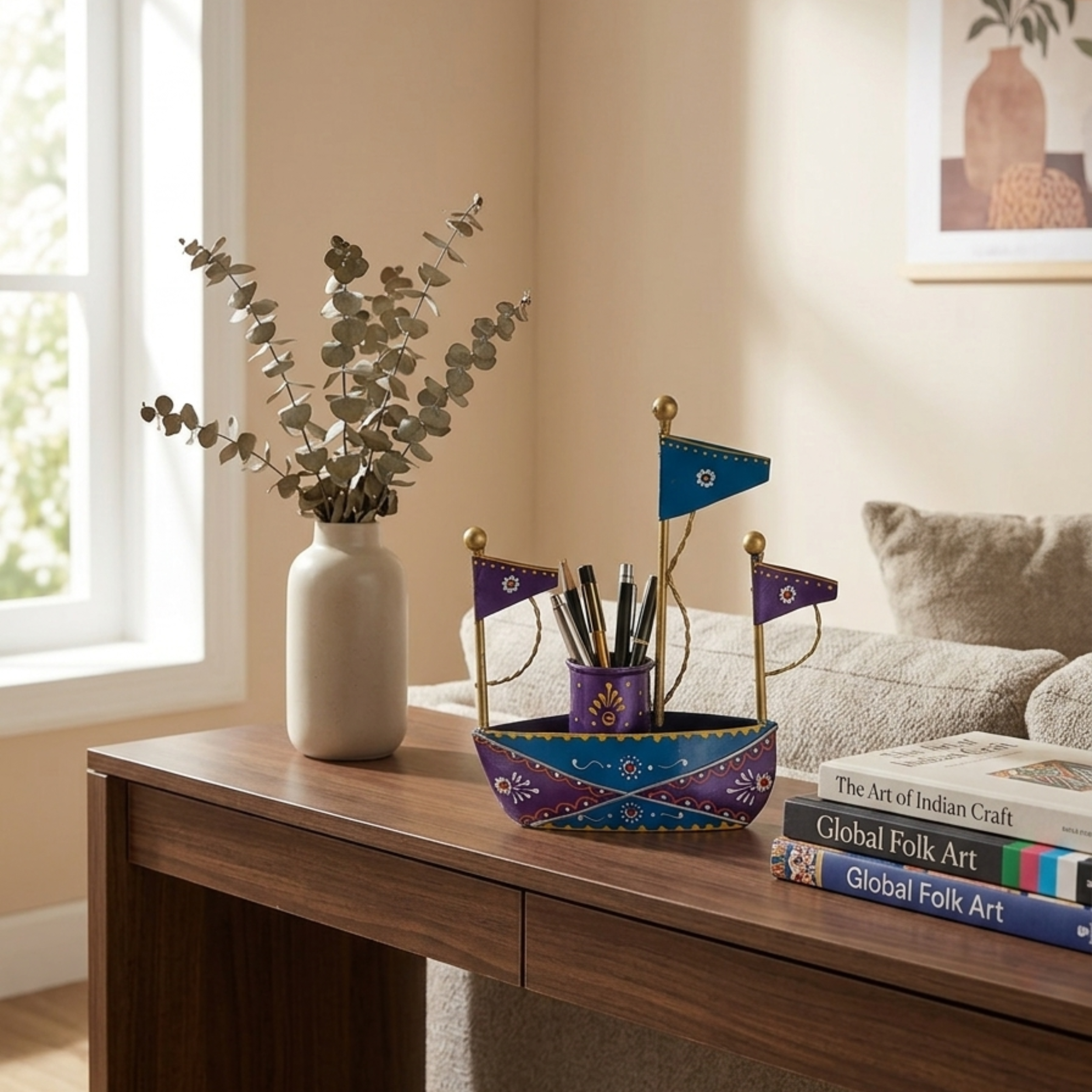 Handmade Metal Boat Desk Organizer Pen Holder | Decorative Office Table Decor