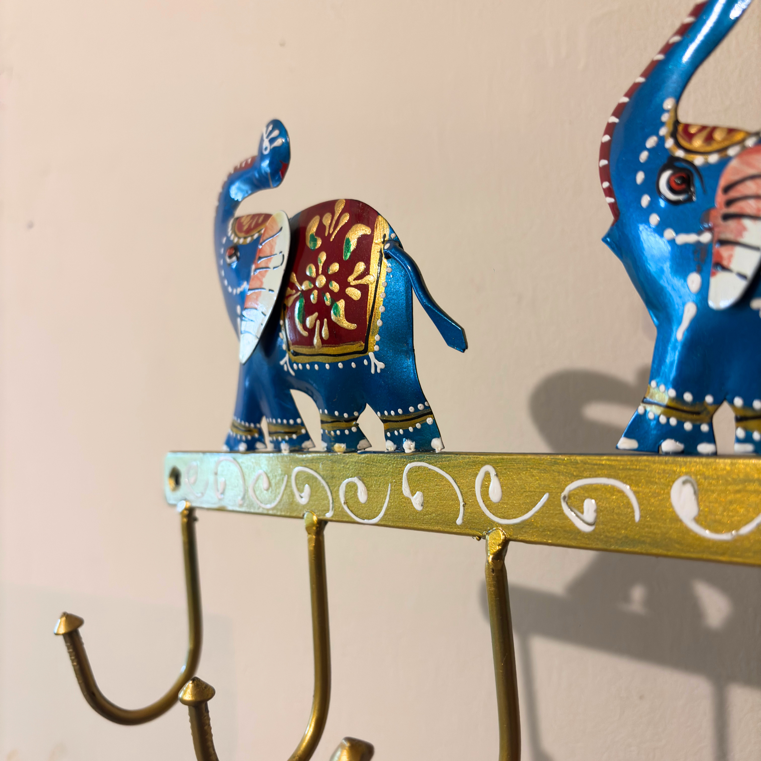 Gulabi Craft Handcrafted Blue Elephant Key Holder – Royal Metal Wall Hook for Entryway Decor & Premium Gifting